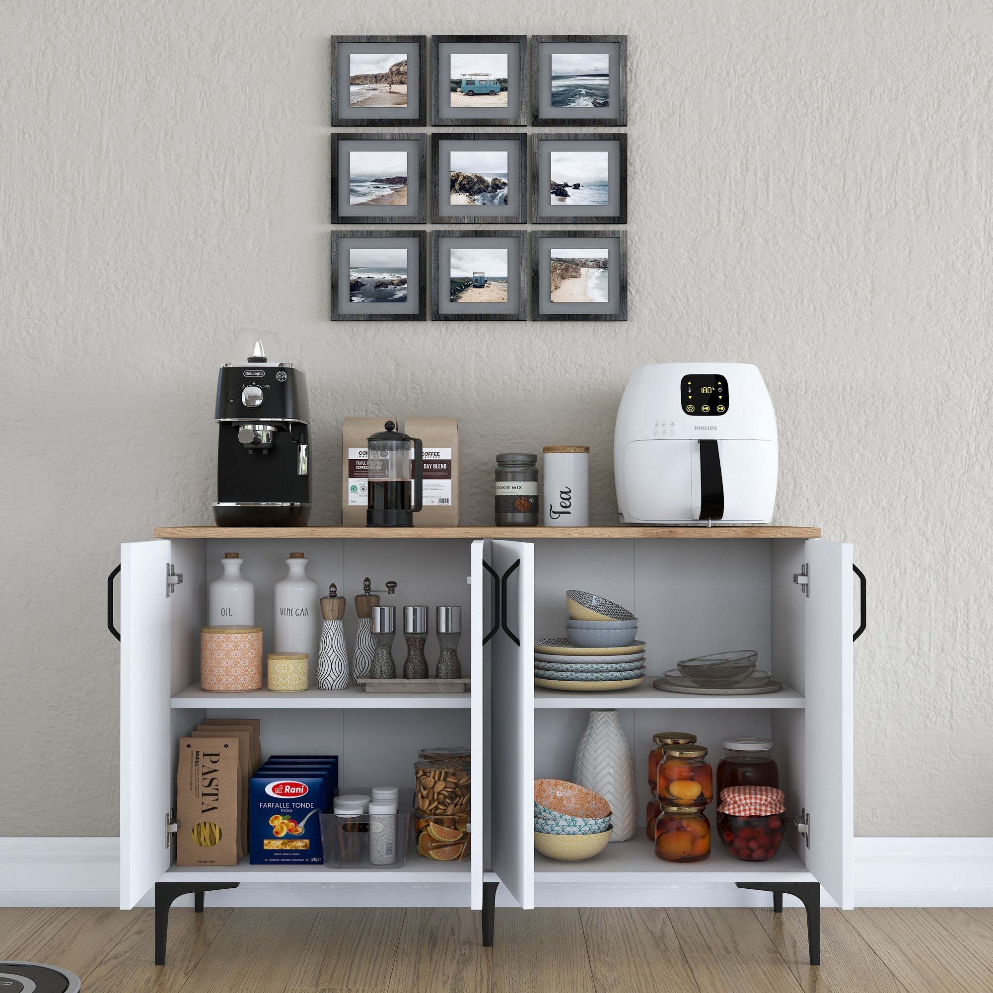 Armário multifuncional – 120 x 78,6 x 40 cm – Branco e nogueira – Aglomerado E1 revestido em melamina