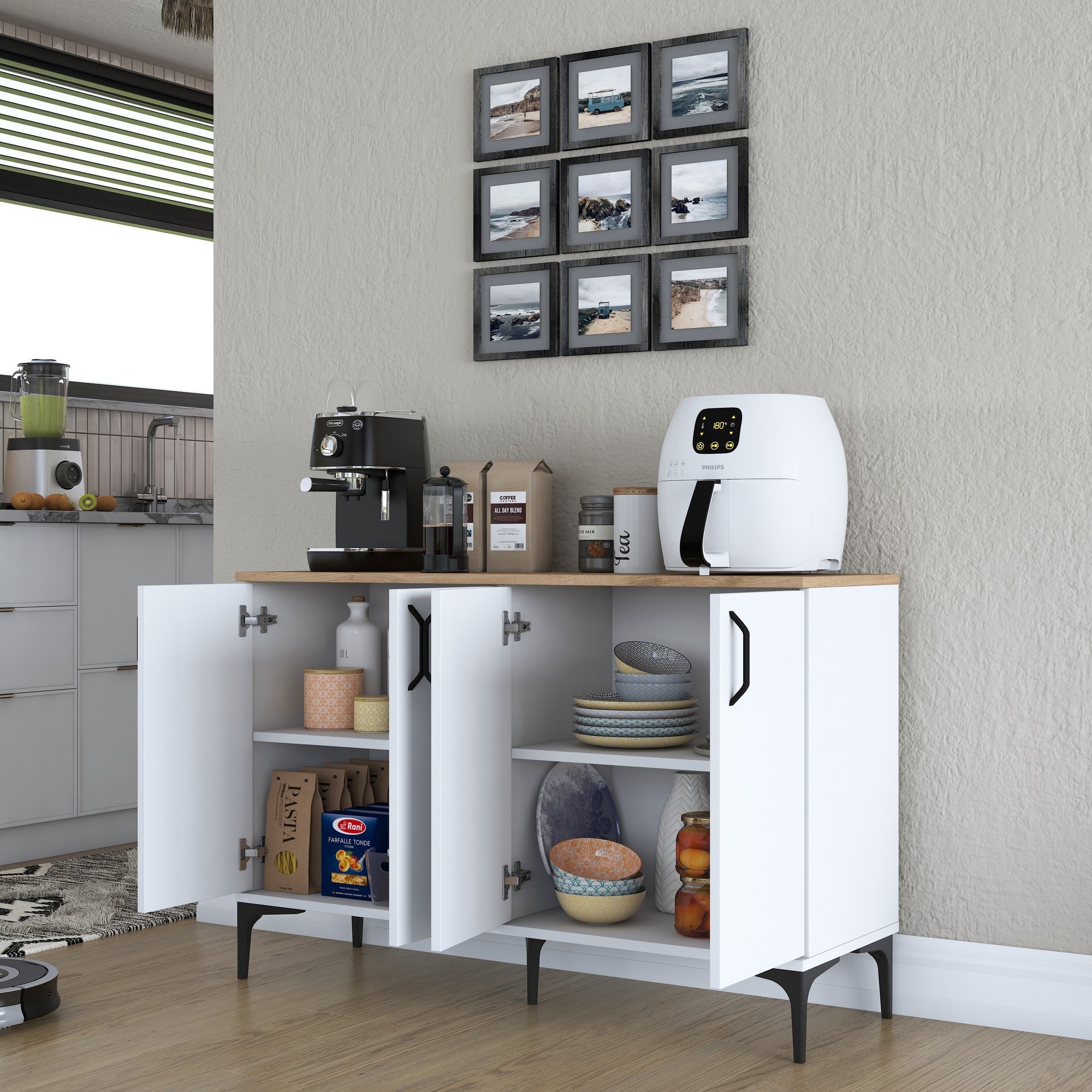 Armário multifuncional – 120 x 78,6 x 40 cm – Branco e nogueira – Aglomerado E1 revestido em melamina