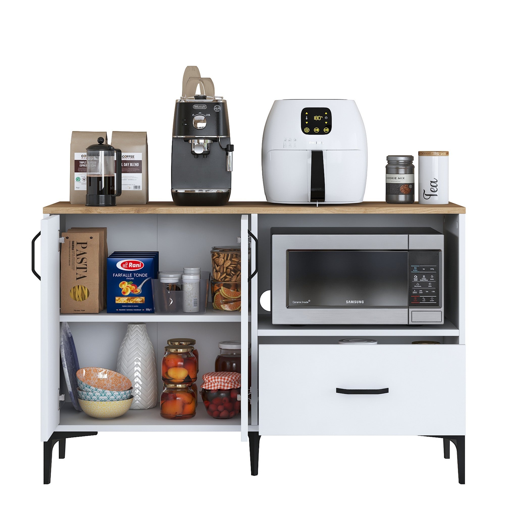 Armário multifuncional versátil, branco e nogueira, 120 x 78,6 x 40 cm | Aglomerado E1 100% revestido em melamina, 18 mm de espessura | Montável na parede, amplas prateleiras para armazenamento extra