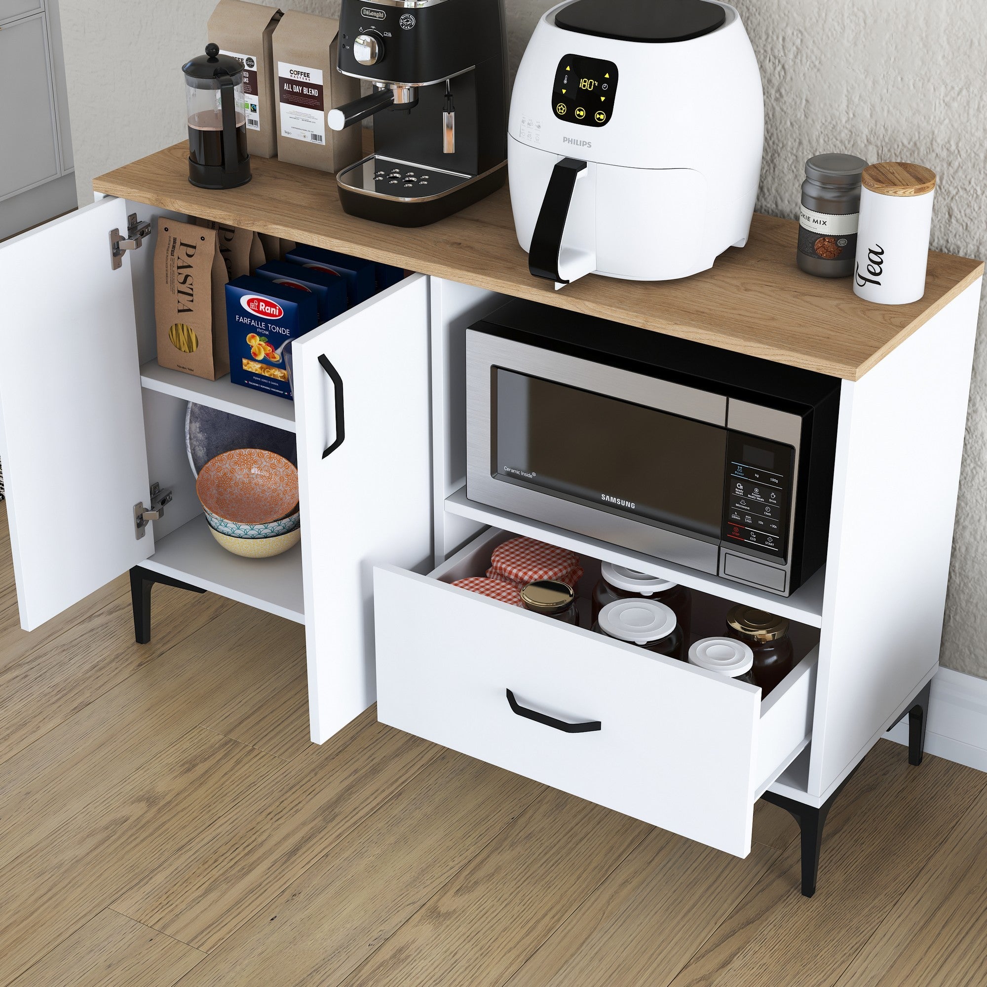 Armário multifuncional versátil, branco e nogueira, 120 x 78,6 x 40 cm | Aglomerado E1 100% revestido em melamina, 18 mm de espessura | Montável na parede, amplas prateleiras para armazenamento extra