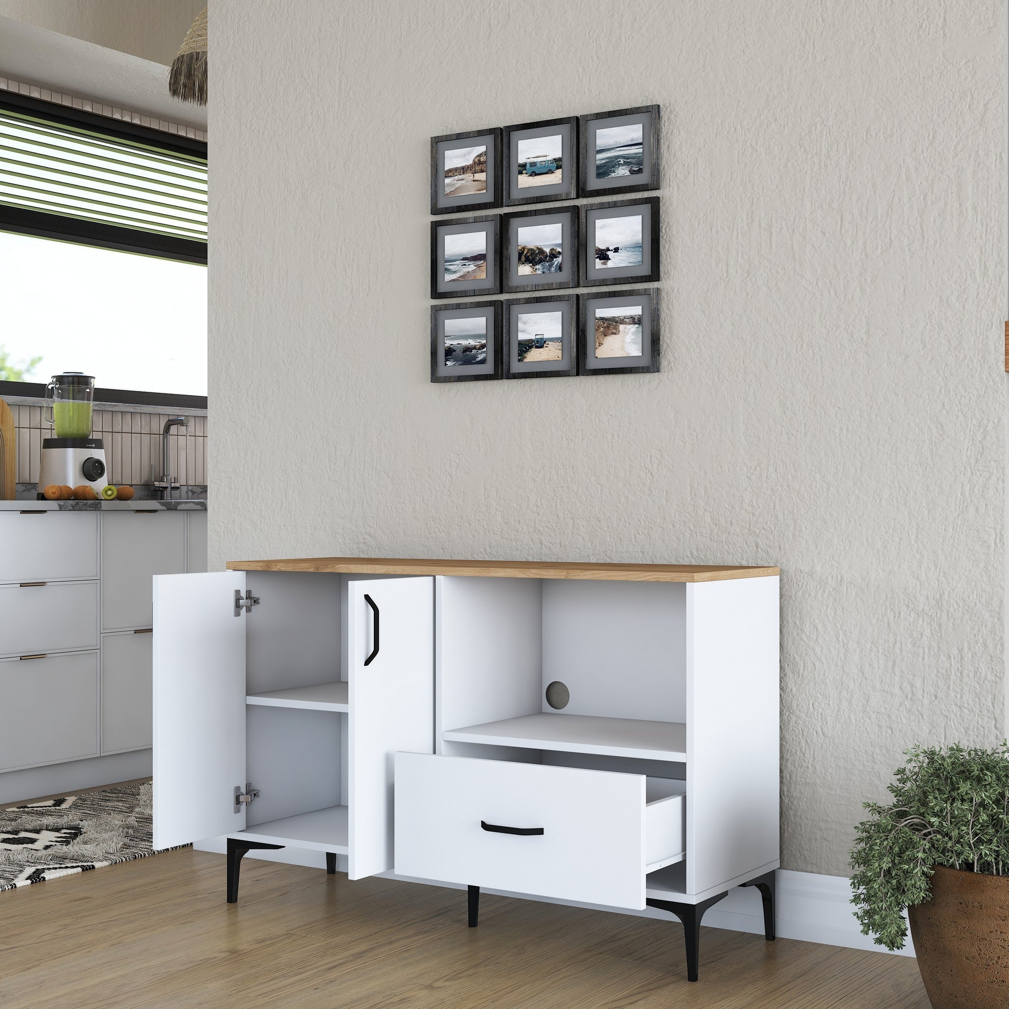 Armário multifuncional versátil, branco e nogueira, 120 x 78,6 x 40 cm | Aglomerado E1 100% revestido em melamina, 18 mm de espessura | Montável na parede, amplas prateleiras para armazenamento extra