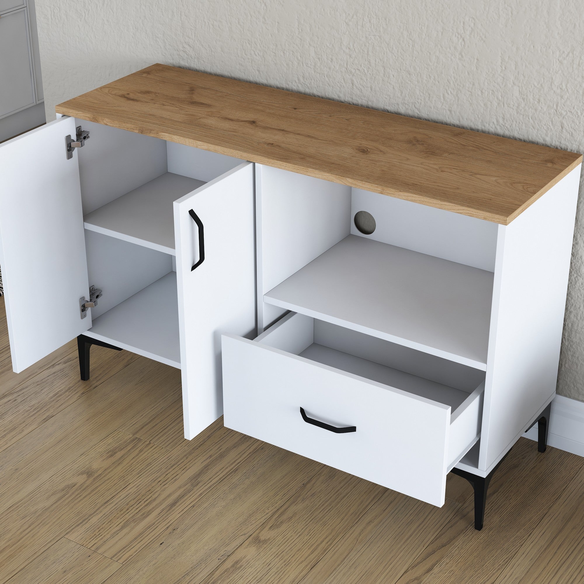 Armário multifuncional versátil, branco e nogueira, 120 x 78,6 x 40 cm | Aglomerado E1 100% revestido em melamina, 18 mm de espessura | Montável na parede, amplas prateleiras para armazenamento extra