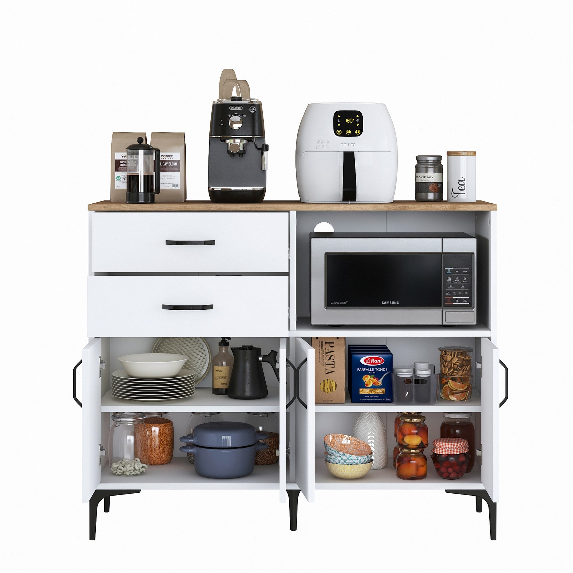 Armário multifuncional versátil – 120 x 98,6 x 40 cm – Branco e nogueira – Aglomerado E1 revestido em melamina