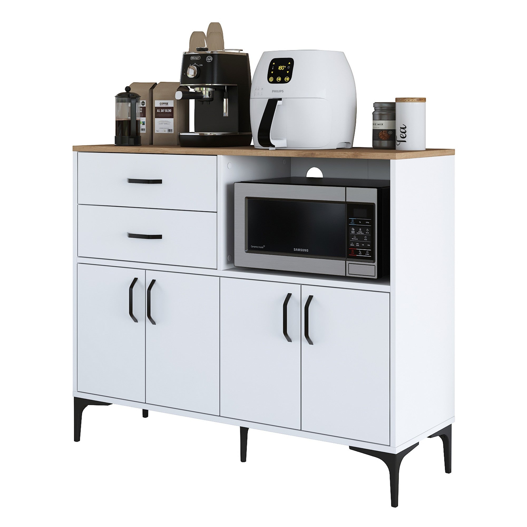 Armário multifuncional versátil – 120 x 98,6 x 40 cm – Branco e nogueira – Aglomerado E1 revestido em melamina