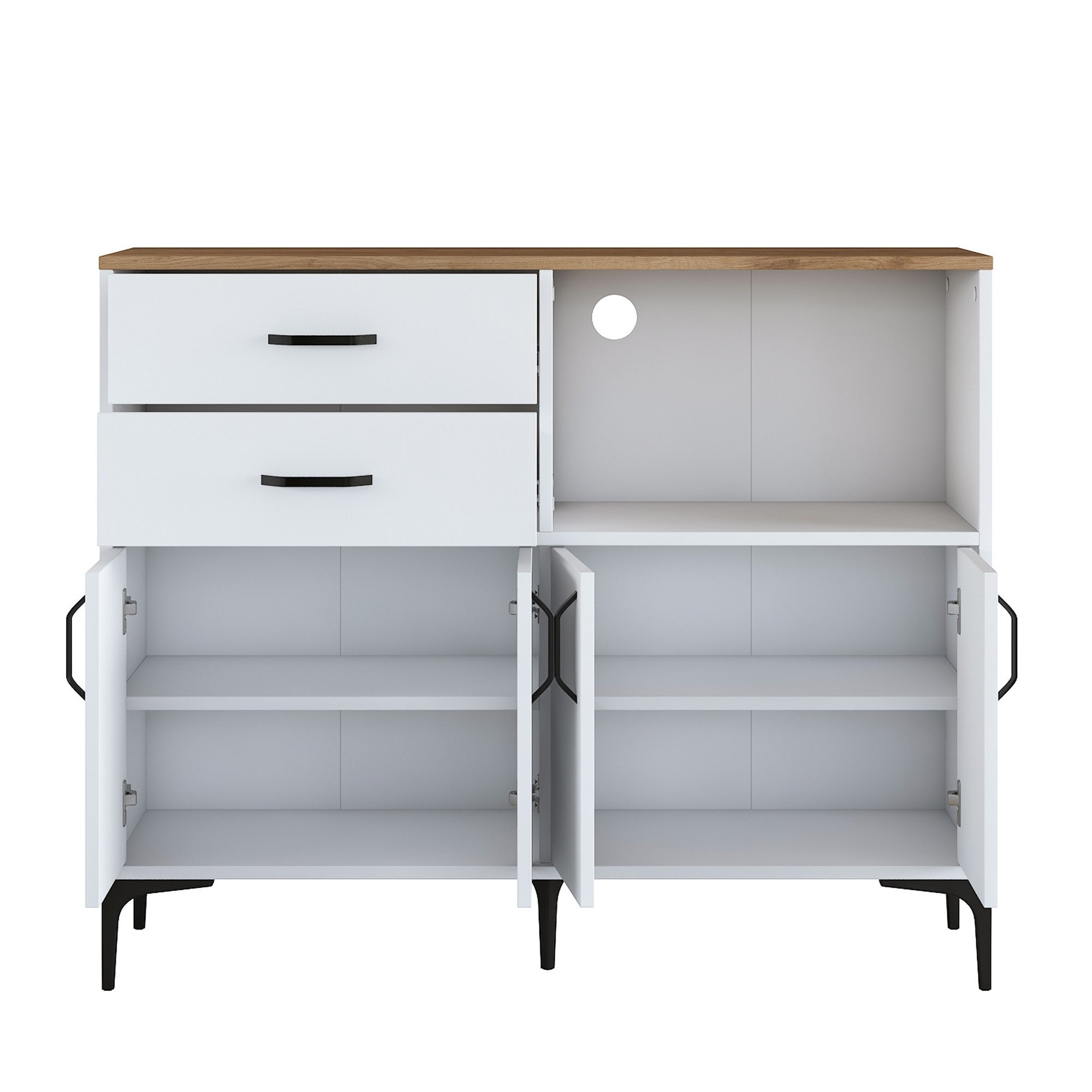 Armário multifuncional versátil – 120 x 98,6 x 40 cm – Branco e nogueira – Aglomerado E1 revestido em melamina