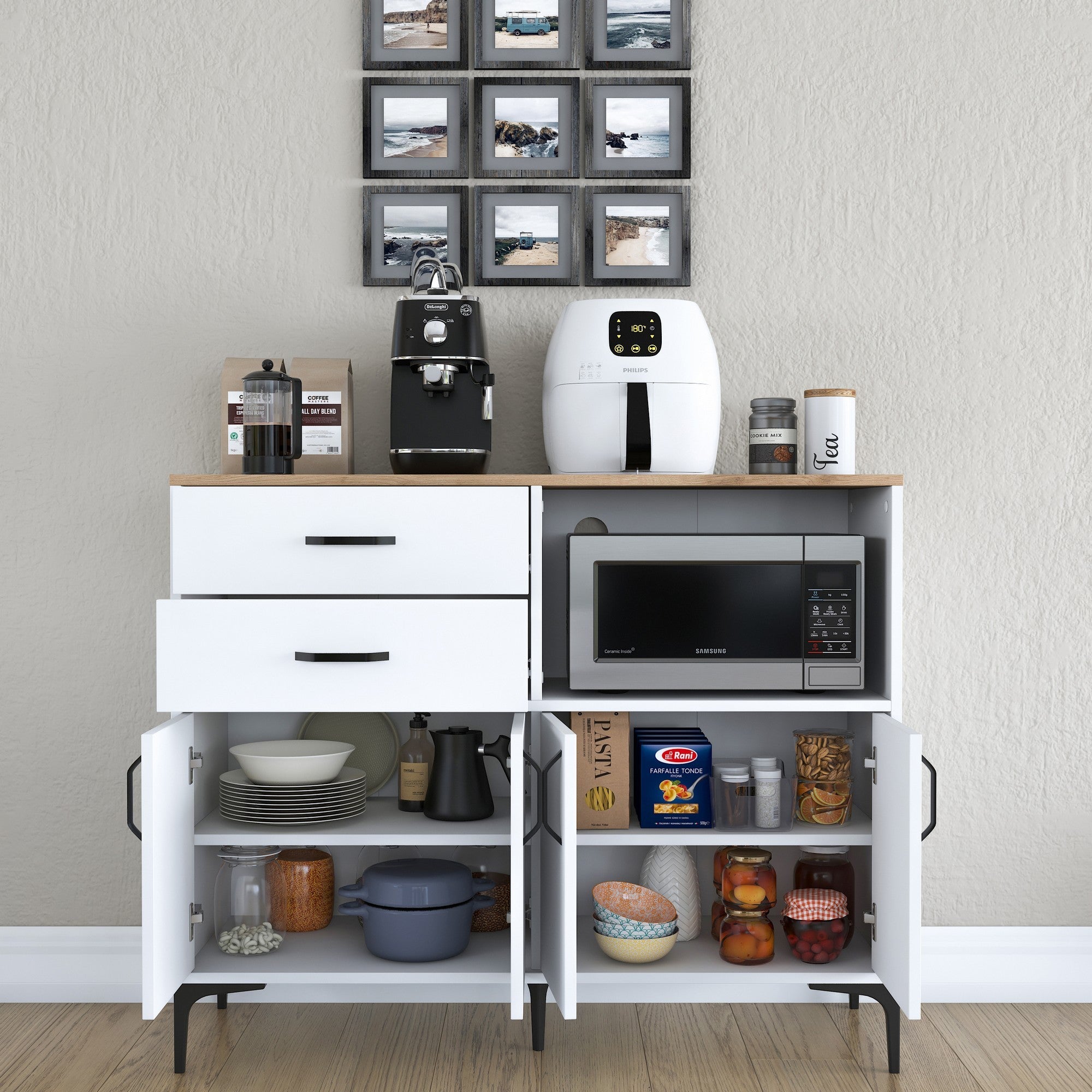 Armário multifuncional versátil – 120 x 98,6 x 40 cm – Branco e nogueira – Aglomerado E1 revestido em melamina