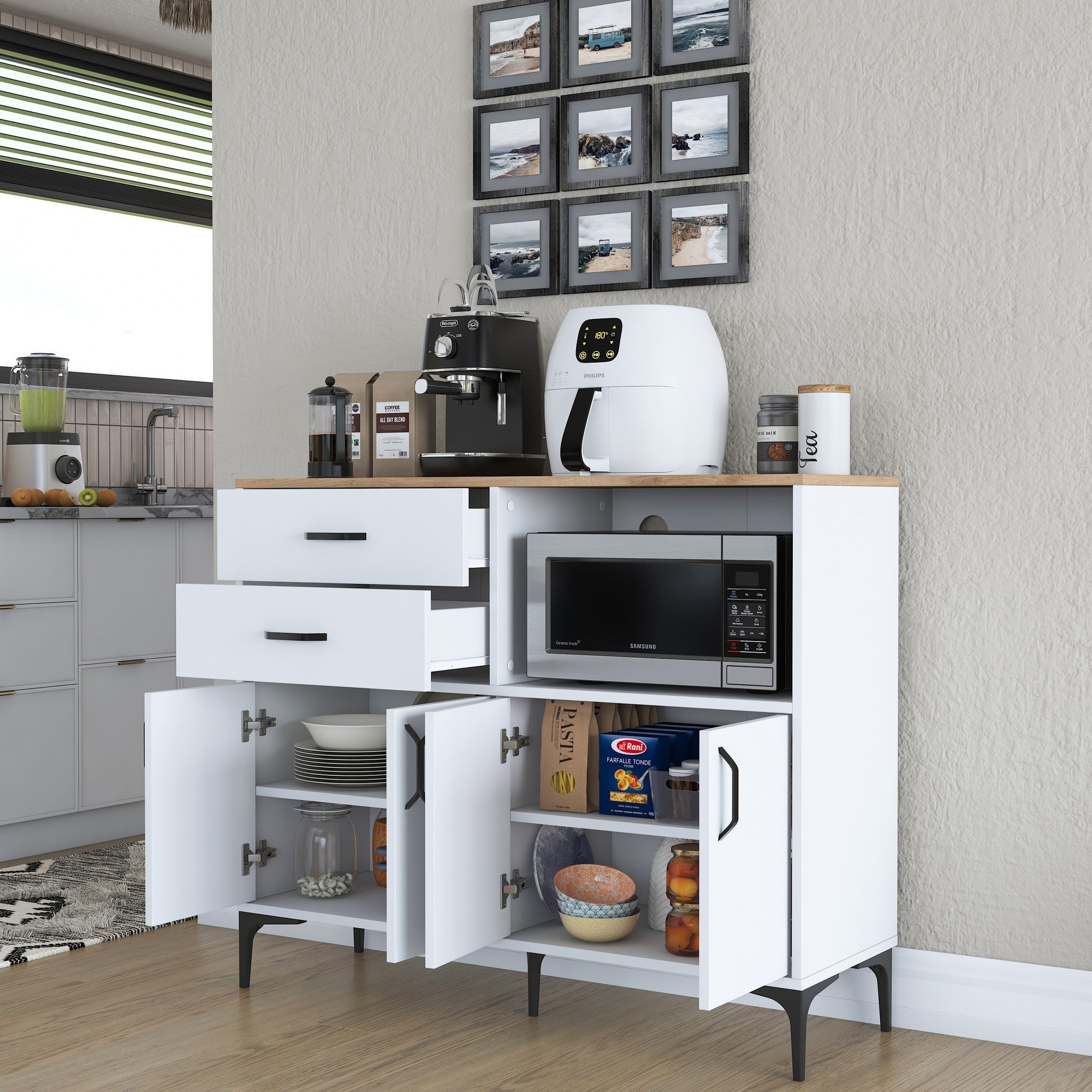 Armário multifuncional versátil – 120 x 98,6 x 40 cm – Branco e nogueira – Aglomerado E1 revestido em melamina