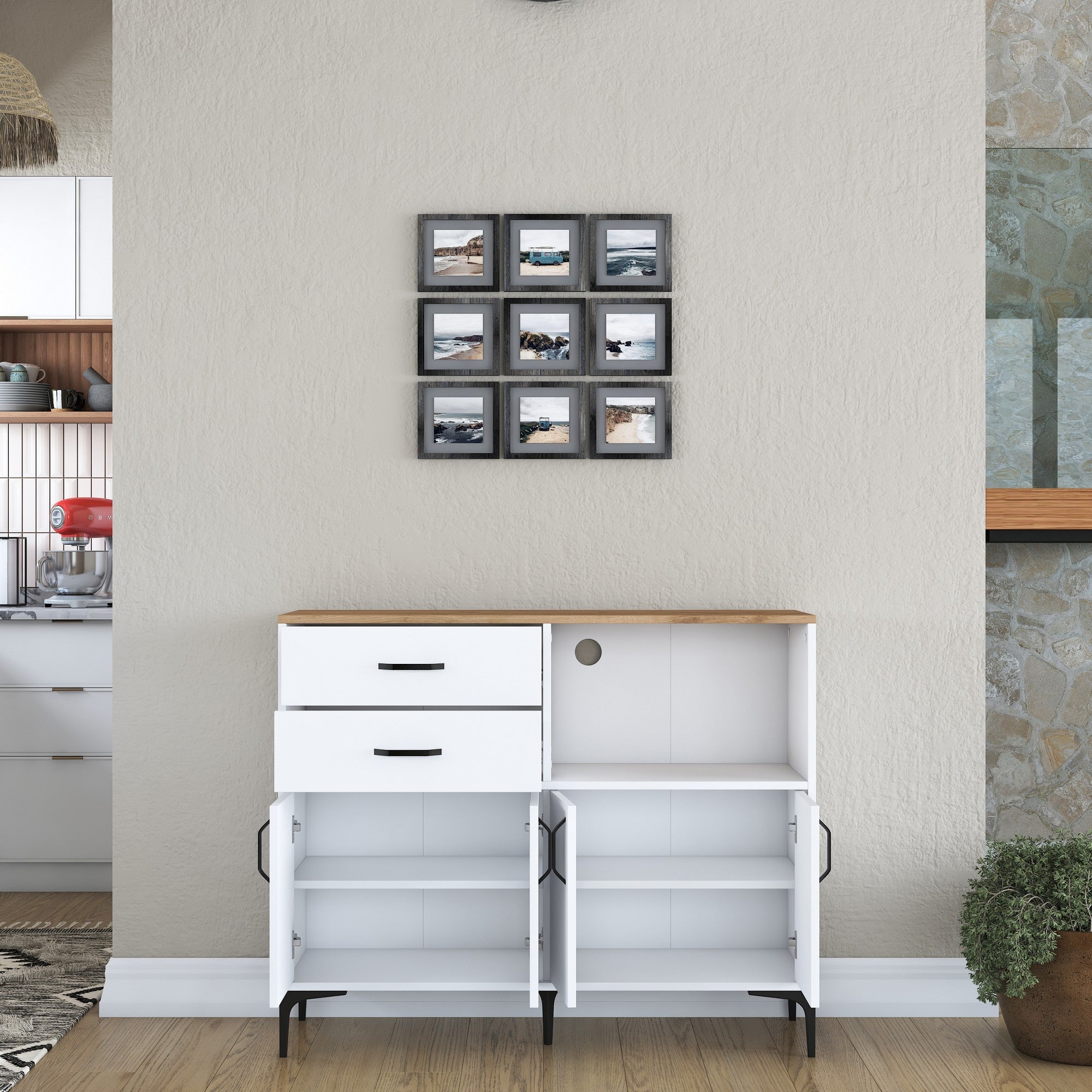 Armário multifuncional versátil – 120 x 98,6 x 40 cm – Branco e nogueira – Aglomerado E1 revestido em melamina