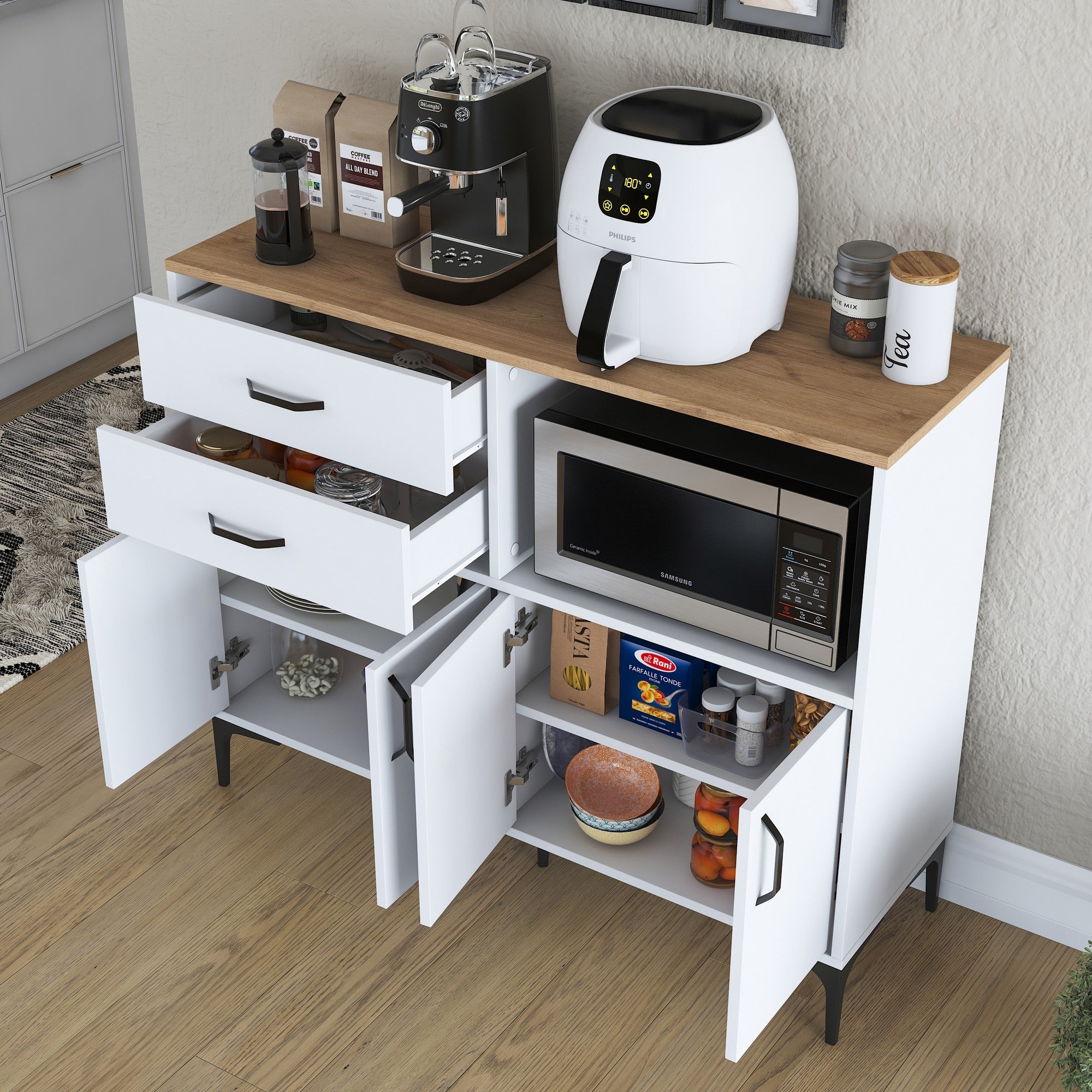 Armário multifuncional versátil – 120 x 98,6 x 40 cm – Branco e nogueira – Aglomerado E1 revestido em melamina