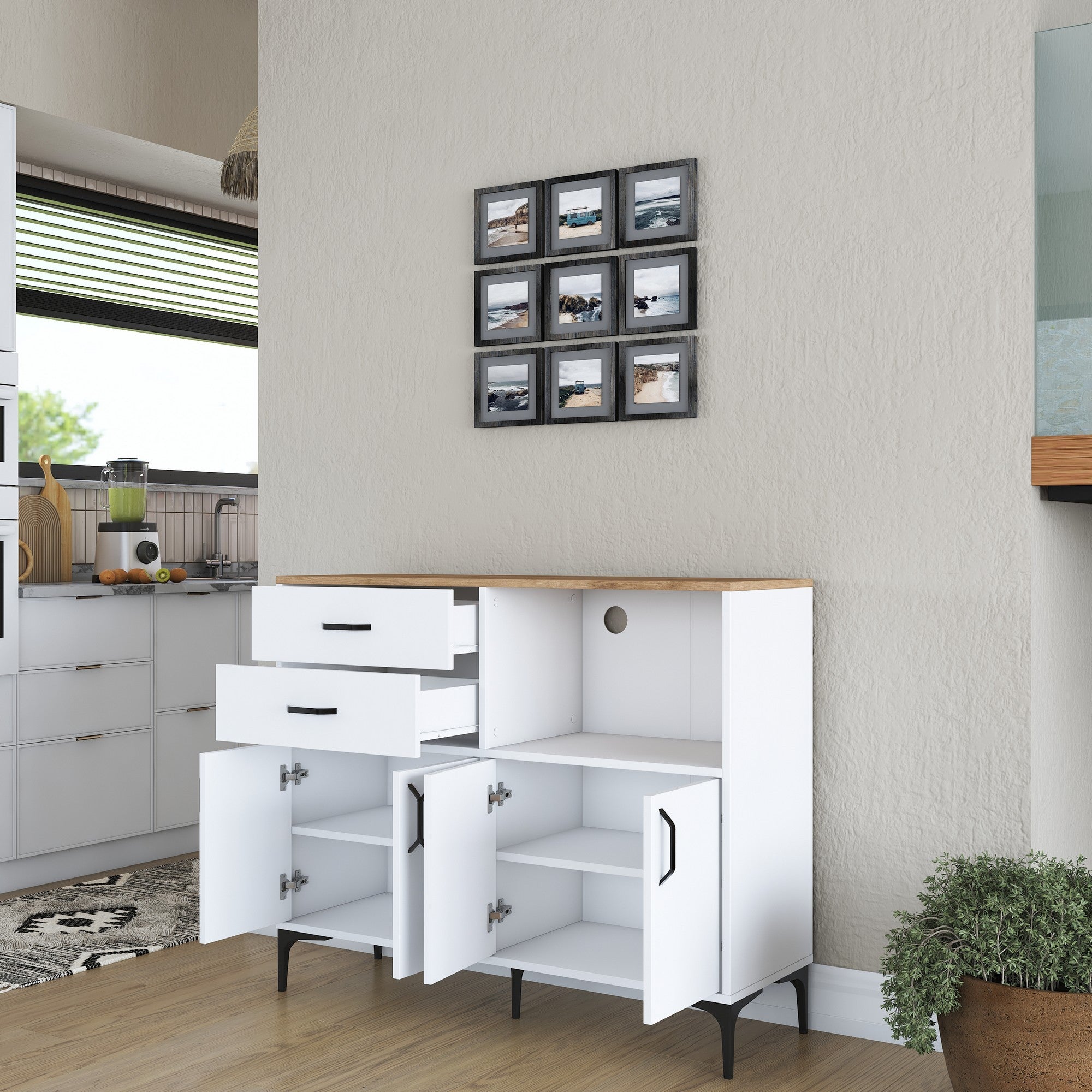 Armário multifuncional versátil – 120 x 98,6 x 40 cm – Branco e nogueira – Aglomerado E1 revestido em melamina