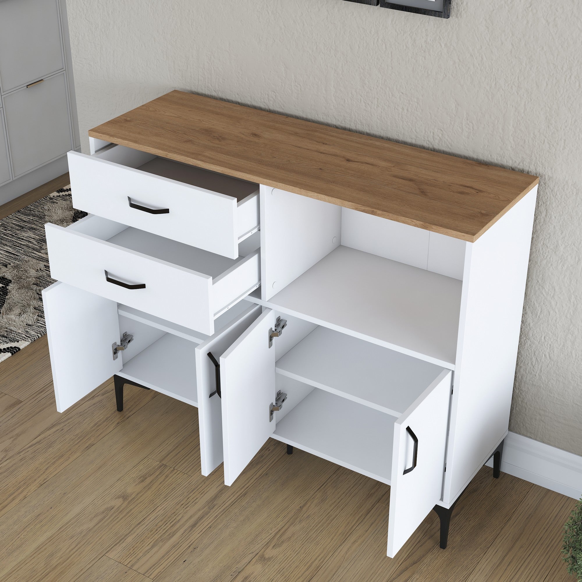 Armário multifuncional versátil – 120 x 98,6 x 40 cm – Branco e nogueira – Aglomerado E1 revestido em melamina