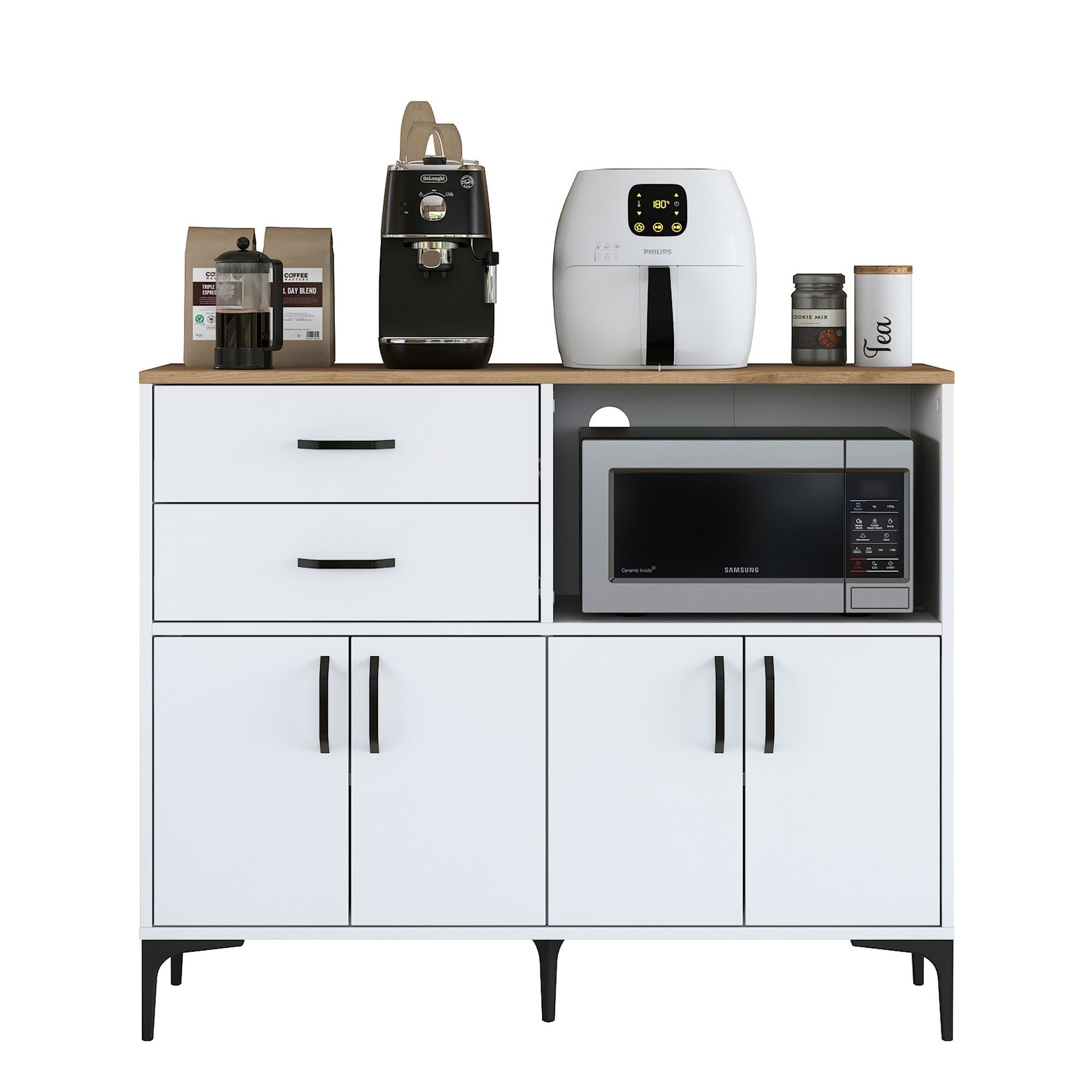 Armário multifuncional versátil – 120 x 98,6 x 40 cm – Branco e nogueira – Aglomerado E1 revestido em melamina