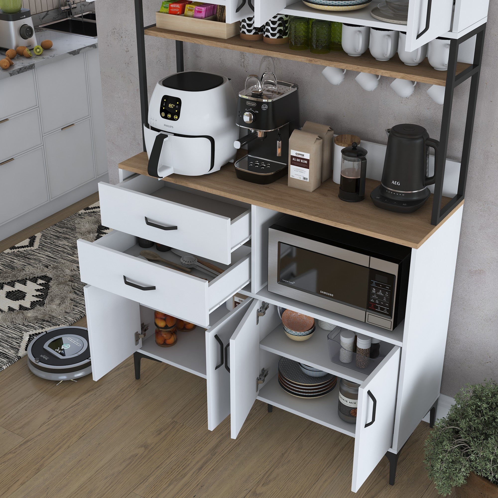 Armário Multiuso – 120 cm x 218,6 cm x 40 cm – Nogueira e Branco – Aglomerado com Melamina