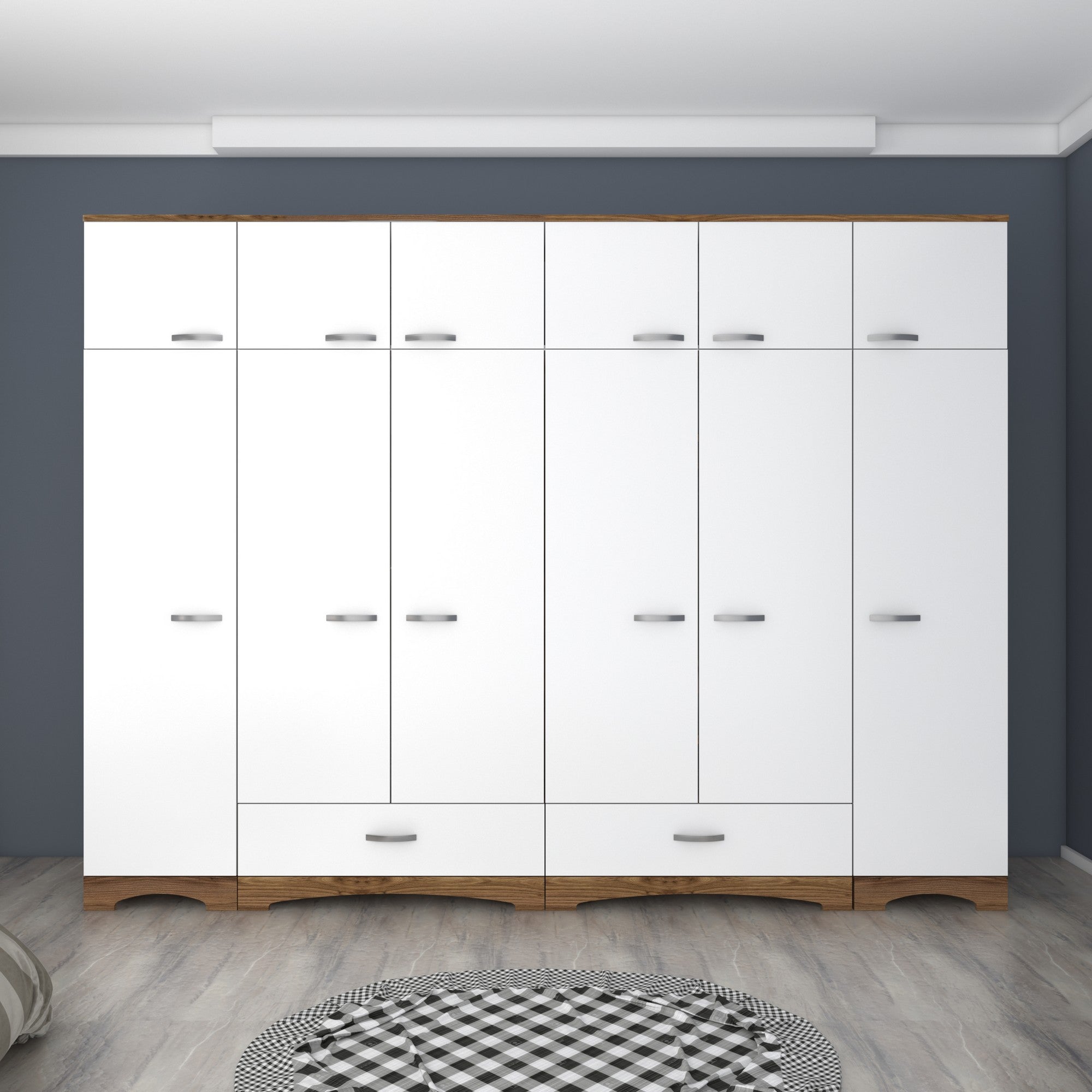 Guarda-roupa – 243cm x 226cm x 48,3cm – Nogueira e branco – Aglomerado de melamina
