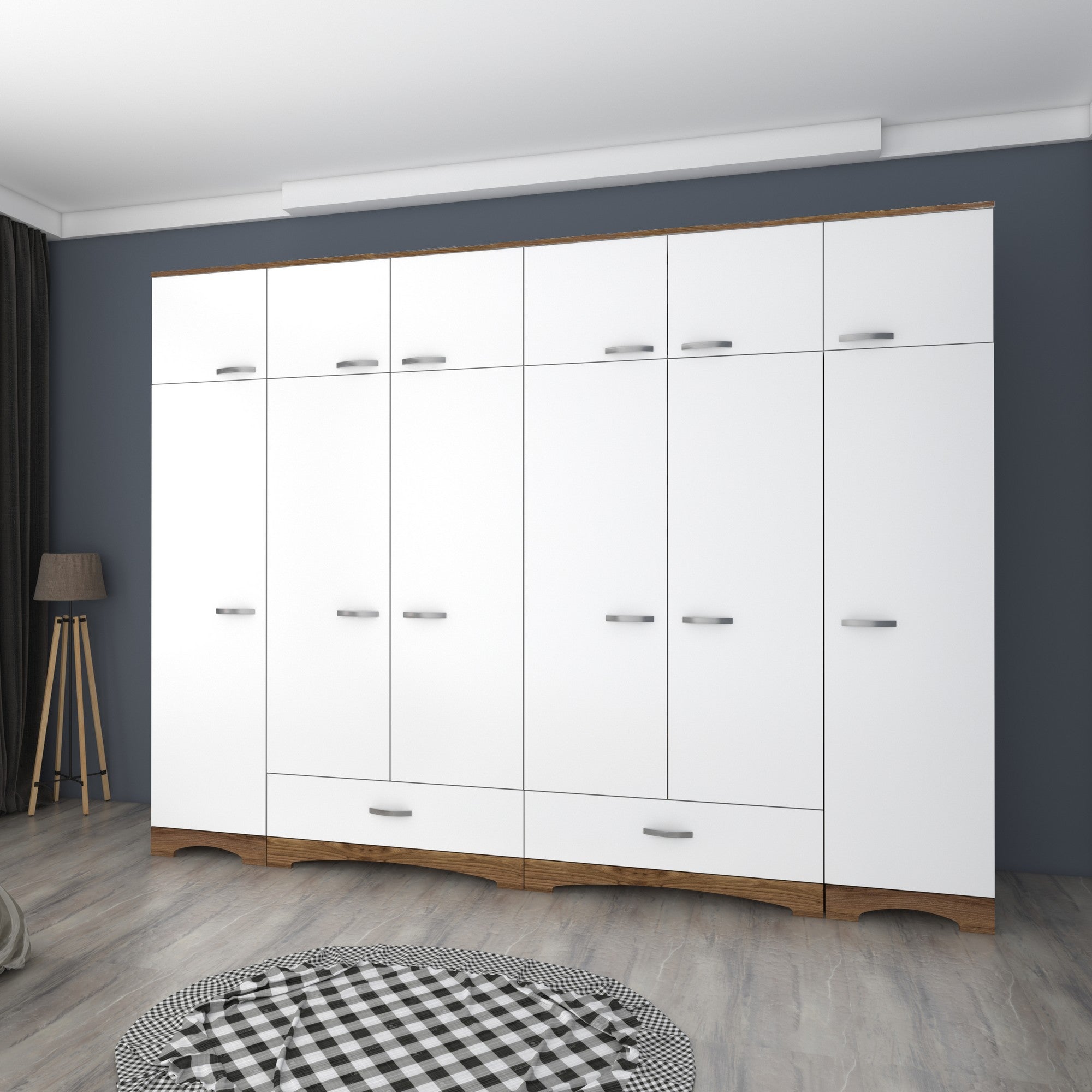 Guarda-roupa – 243cm x 226cm x 48,3cm – Nogueira e branco – Aglomerado de melamina
