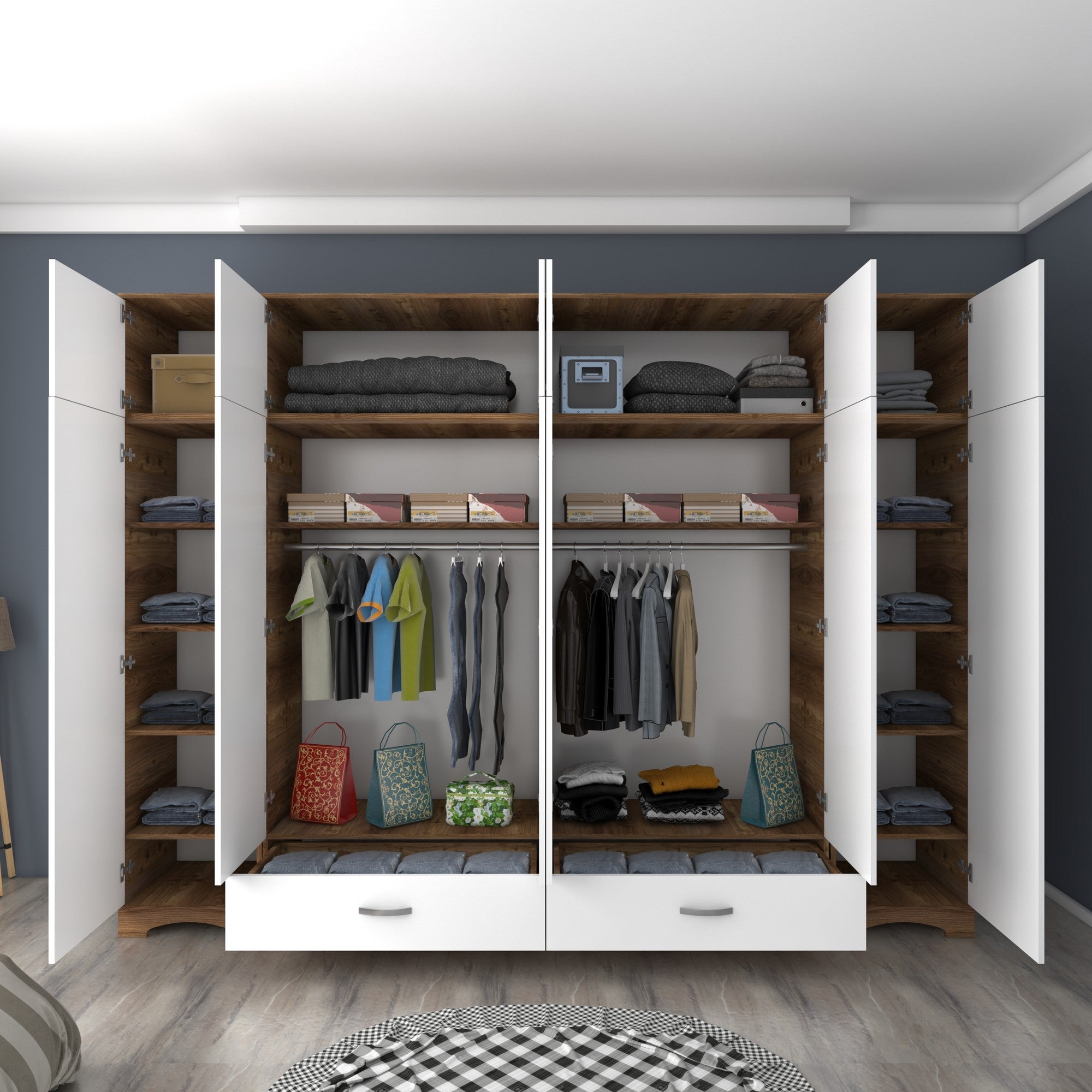Guarda-roupa – 243cm x 226cm x 48,3cm – Nogueira e branco – Aglomerado de melamina
