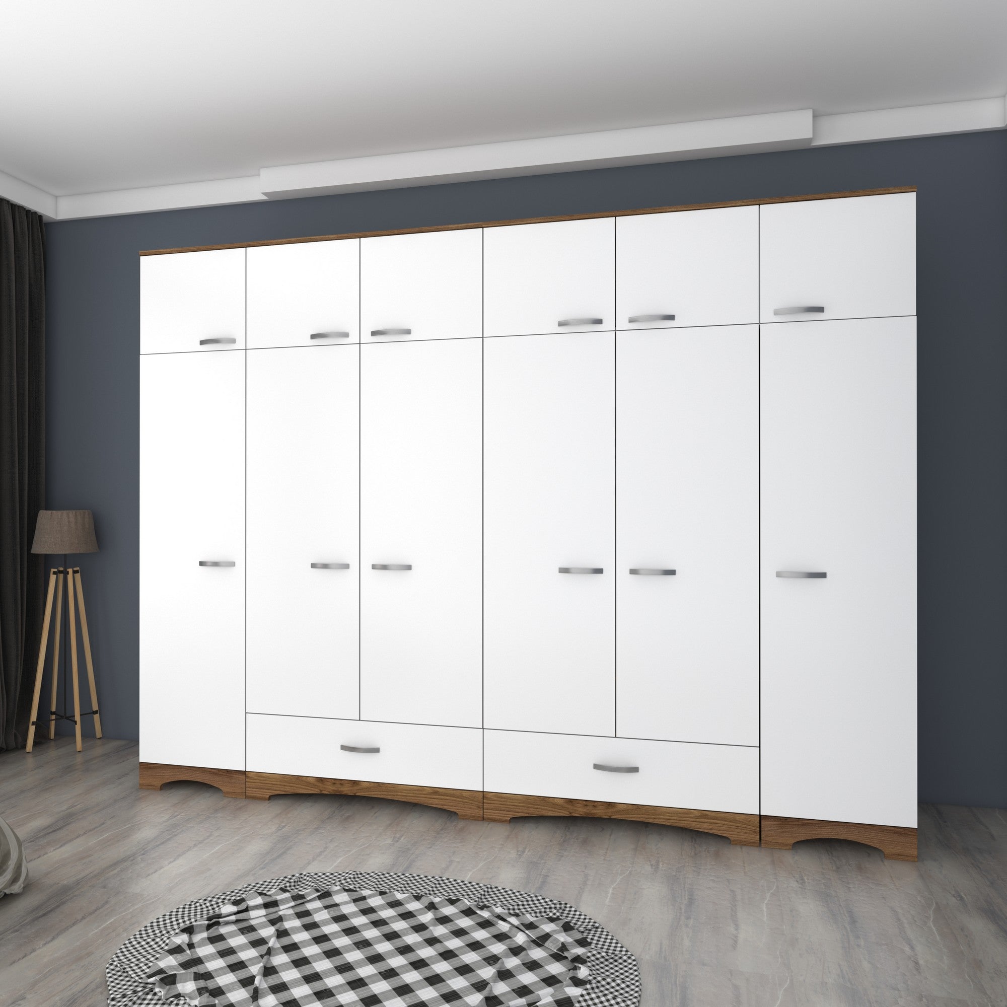 Guarda-roupa – 243cm x 226cm x 48,3cm – Nogueira e branco – Aglomerado de melamina