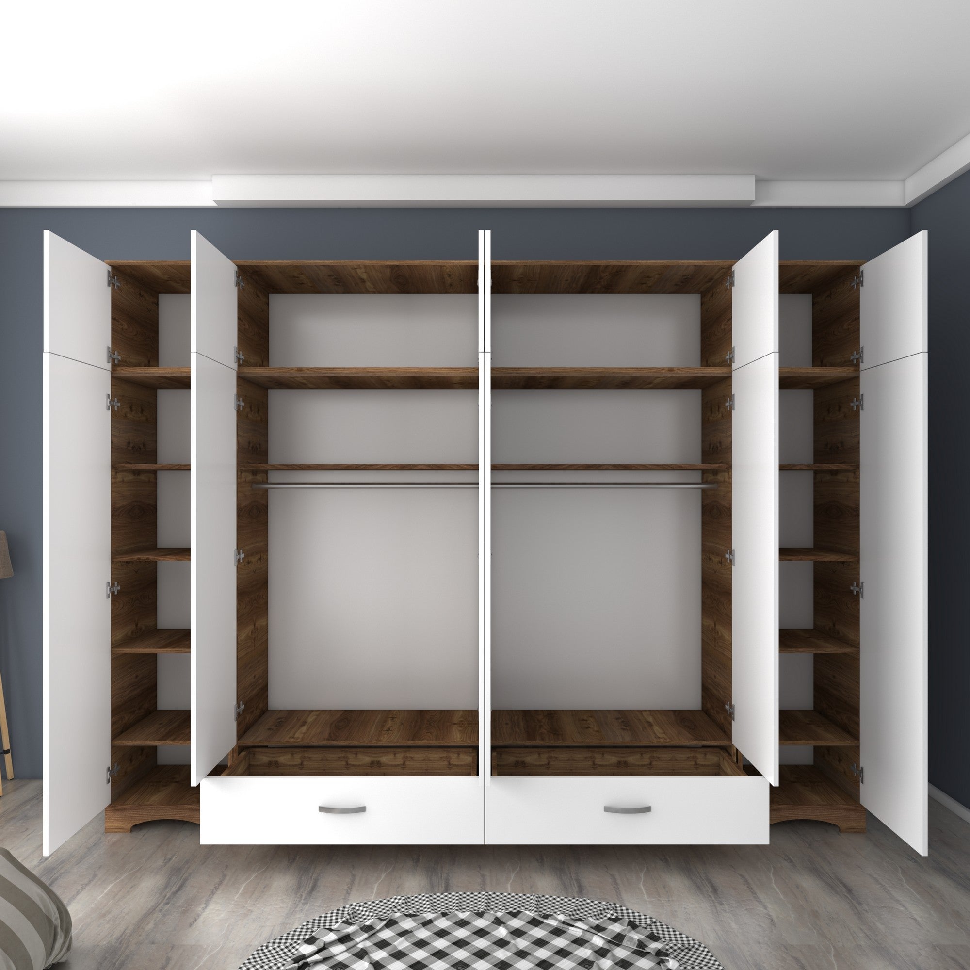 Guarda-roupa – 243cm x 226cm x 48,3cm – Nogueira e branco – Aglomerado de melamina