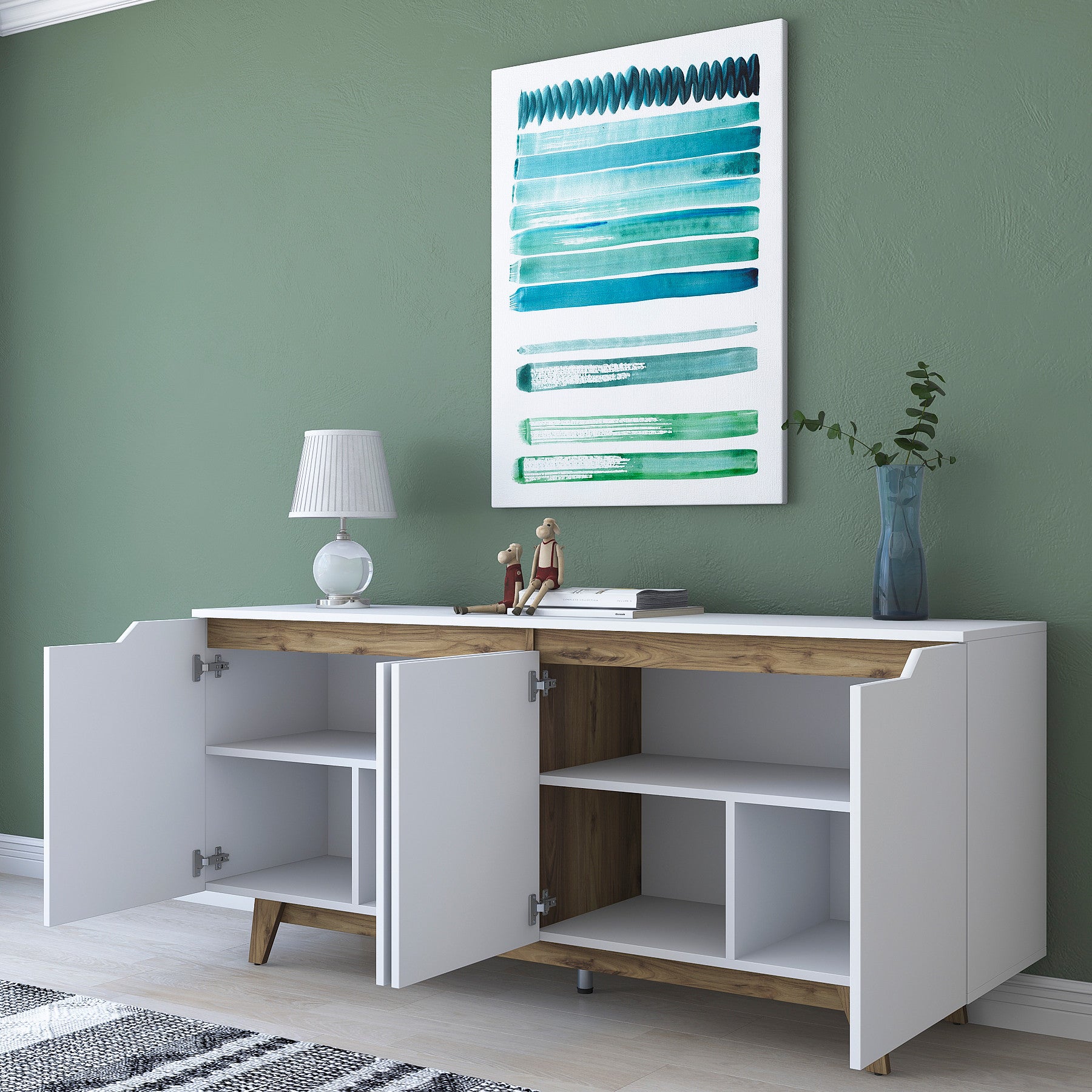 Aparador Moderno – 180 x 45 x 78,6 cm – Branco e Nogueira – Melamina