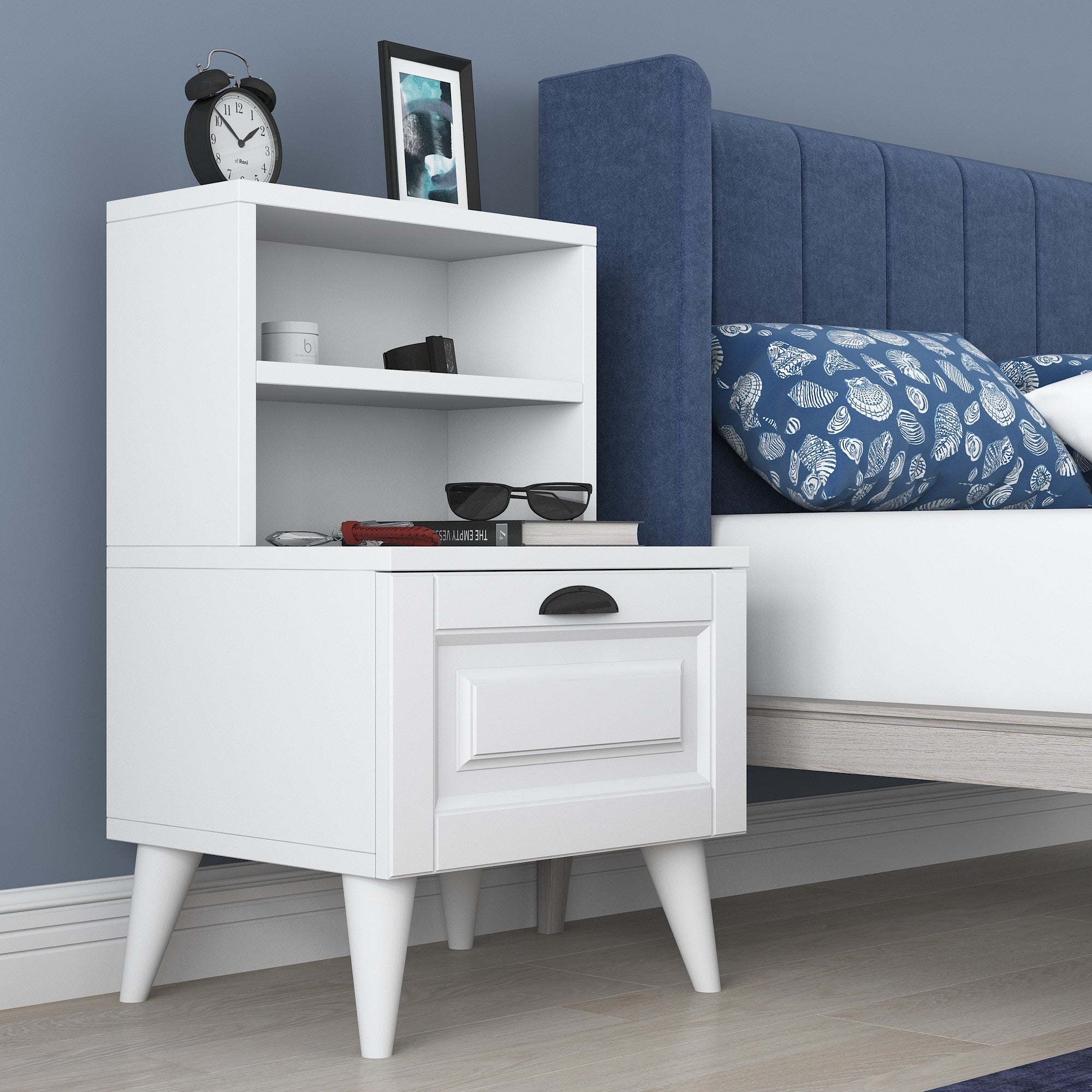 Mesa de Cabeceira Escandinava, Branca, 45 x 74,4 x 40 cm | Painel de Partículas 100% Revestido em Melamina, Portas de MDF Membrana | Armazenamento Elegante com Várias Prateleiras