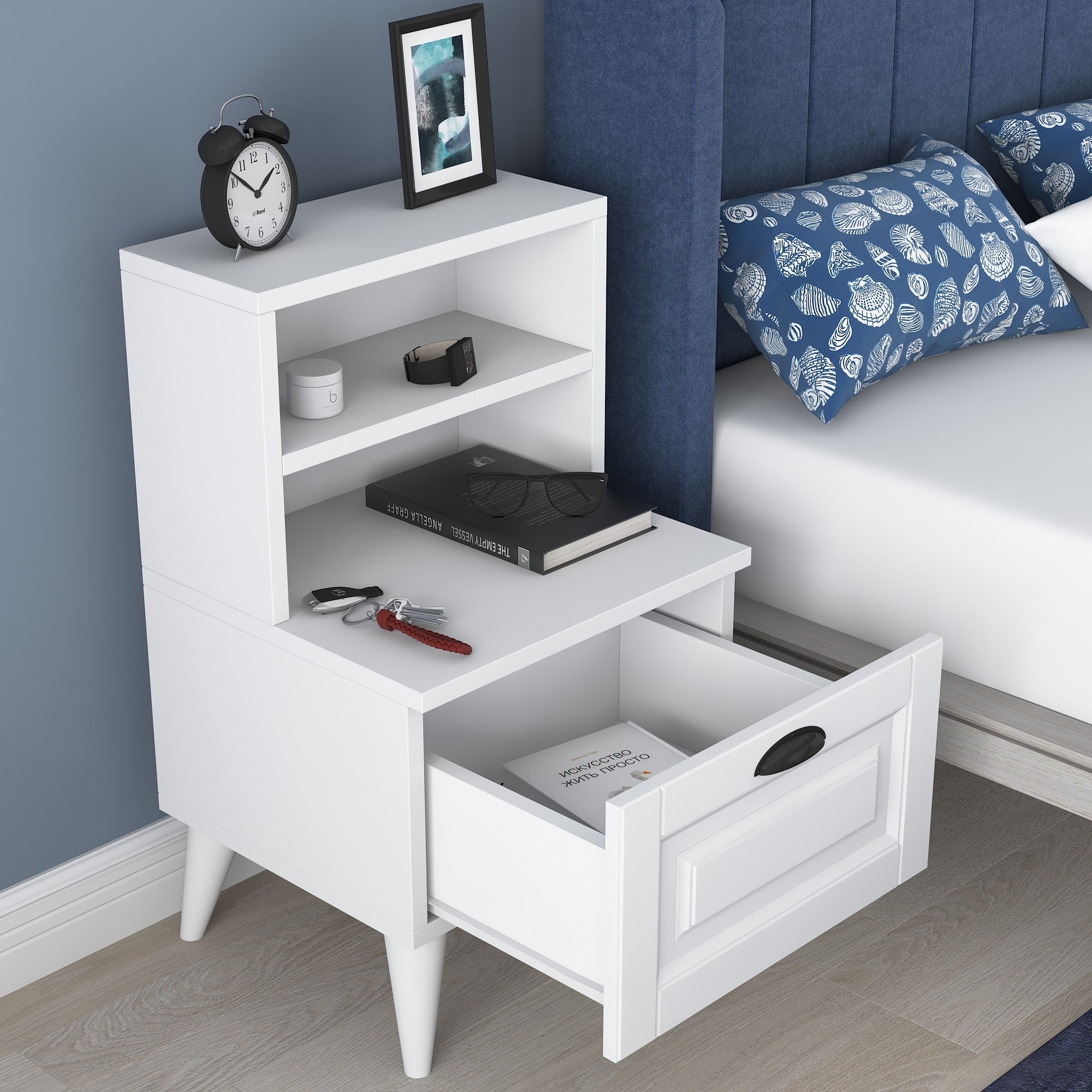 Mesa de Cabeceira Escandinava, Branca, 45 x 74,4 x 40 cm | Painel de Partículas 100% Revestido em Melamina, Portas de MDF Membrana | Armazenamento Elegante com Várias Prateleiras