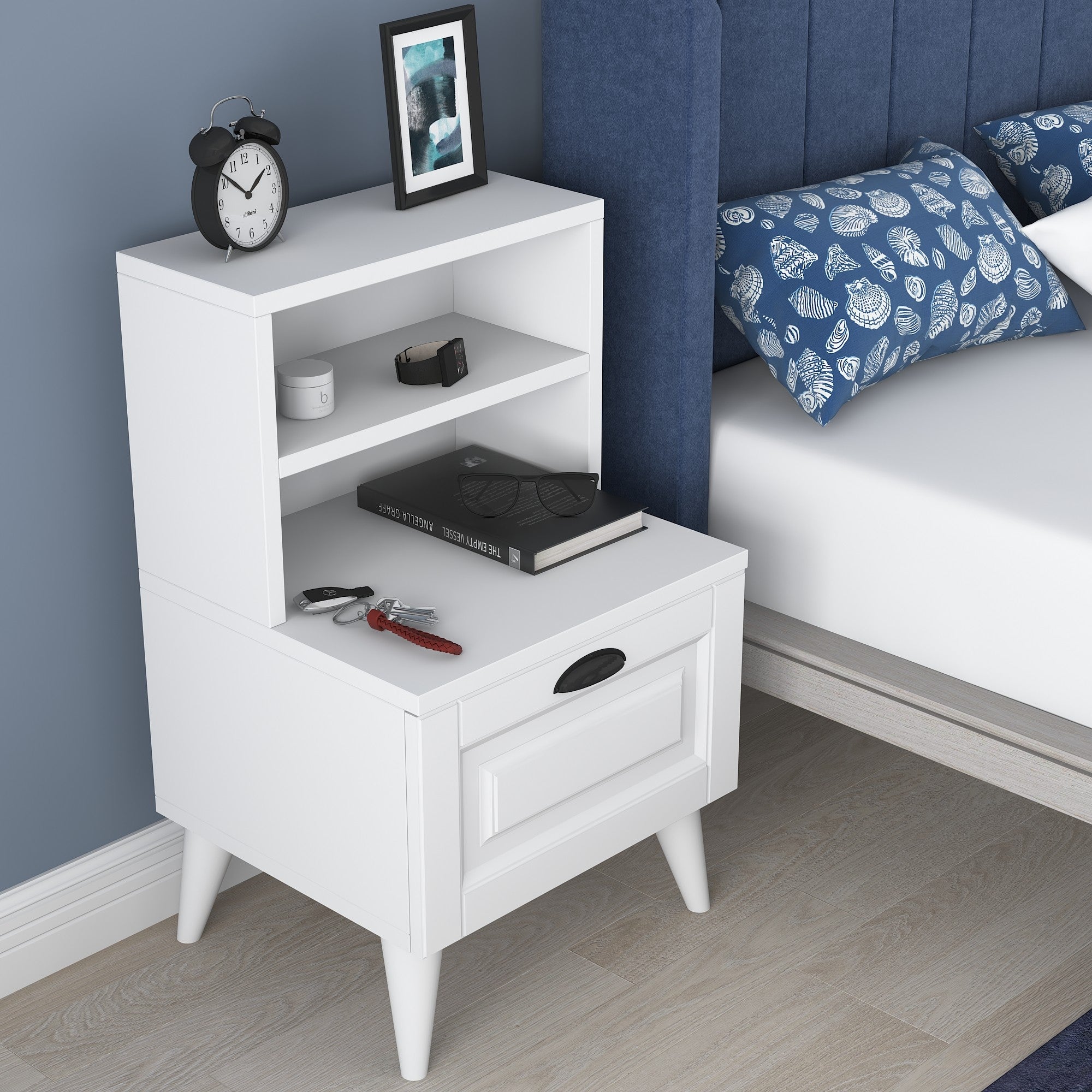 Mesa de Cabeceira Escandinava, Branca, 45 x 74,4 x 40 cm | Painel de Partículas 100% Revestido em Melamina, Portas de MDF Membrana | Armazenamento Elegante com Várias Prateleiras