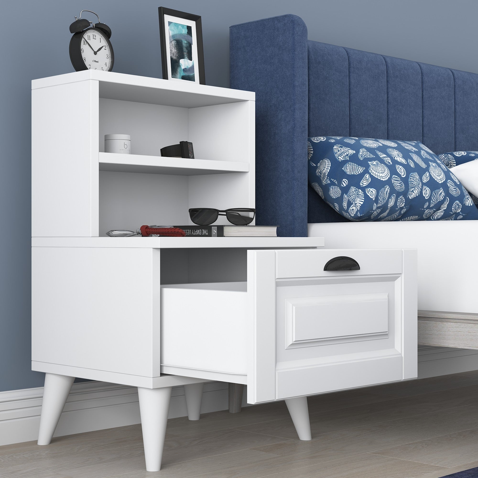 Mesa de Cabeceira Escandinava, Branca, 45 x 74,4 x 40 cm | Painel de Partículas 100% Revestido em Melamina, Portas de MDF Membrana | Armazenamento Elegante com Várias Prateleiras