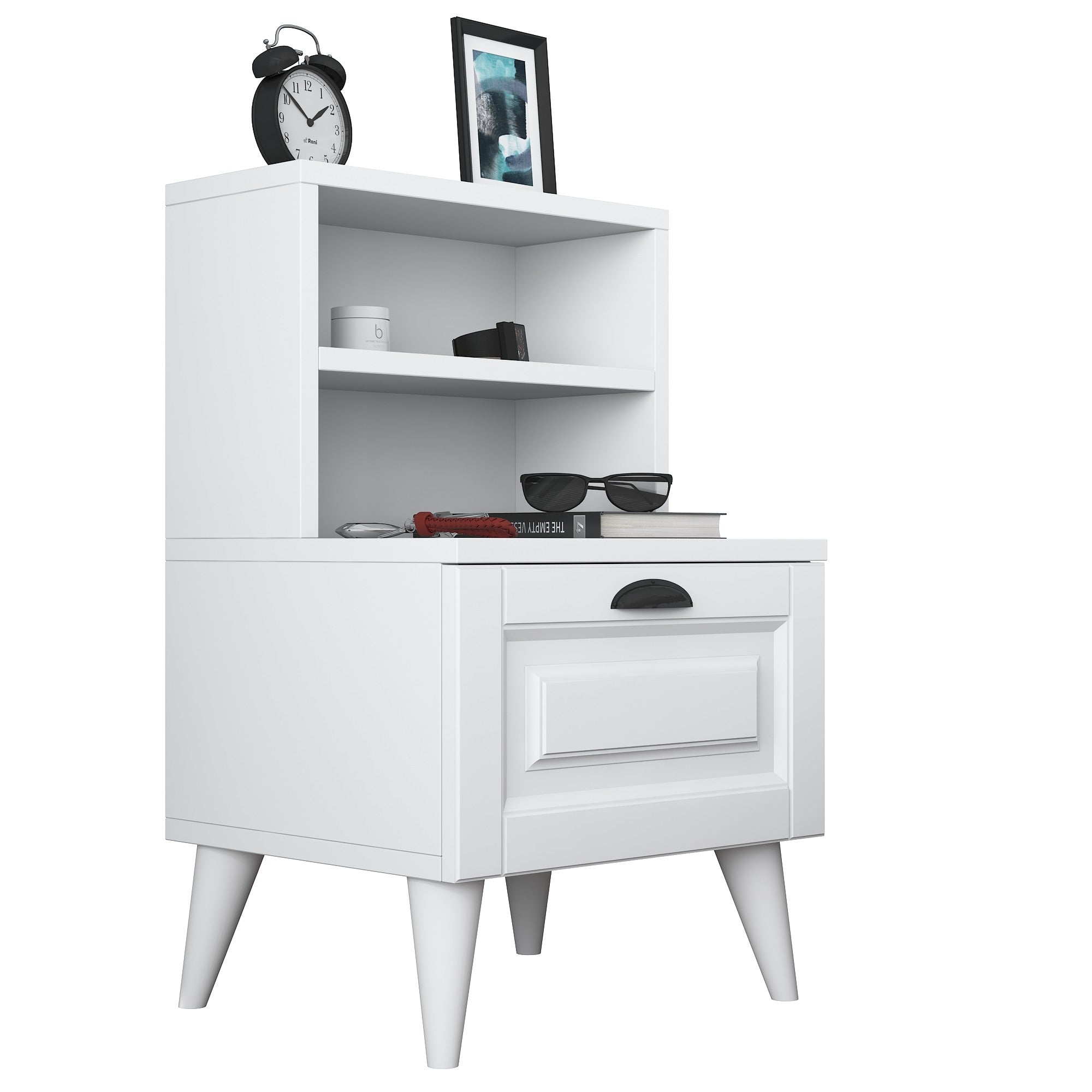 Mesa de Cabeceira Escandinava, Branca, 45 x 74,4 x 40 cm | Painel de Partículas 100% Revestido em Melamina, Portas de MDF Membrana | Armazenamento Elegante com Várias Prateleiras