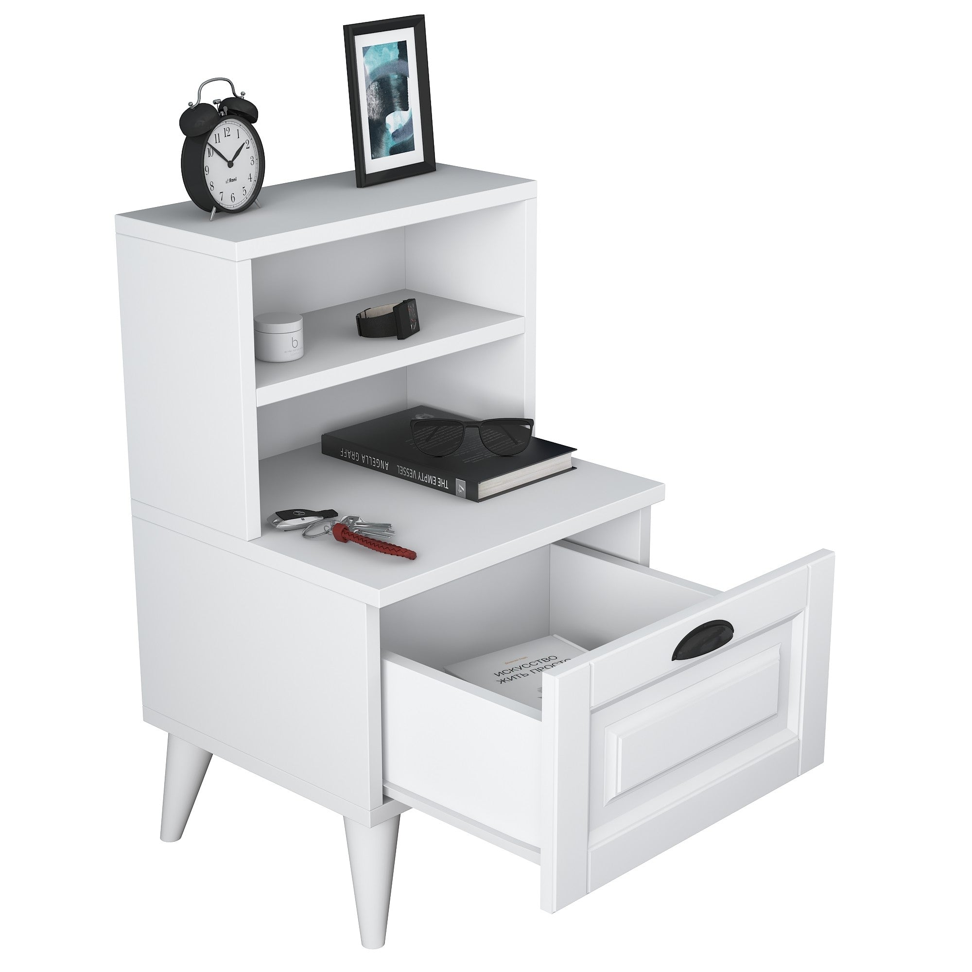 Mesa de Cabeceira Escandinava, Branca, 45 x 74,4 x 40 cm | Painel de Partículas 100% Revestido em Melamina, Portas de MDF Membrana | Armazenamento Elegante com Várias Prateleiras