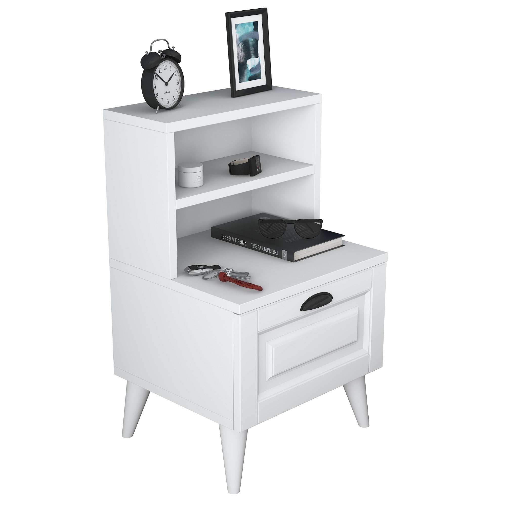 Mesa de Cabeceira Escandinava, Branca, 45 x 74,4 x 40 cm | Painel de Partículas 100% Revestido em Melamina, Portas de MDF Membrana | Armazenamento Elegante com Várias Prateleiras