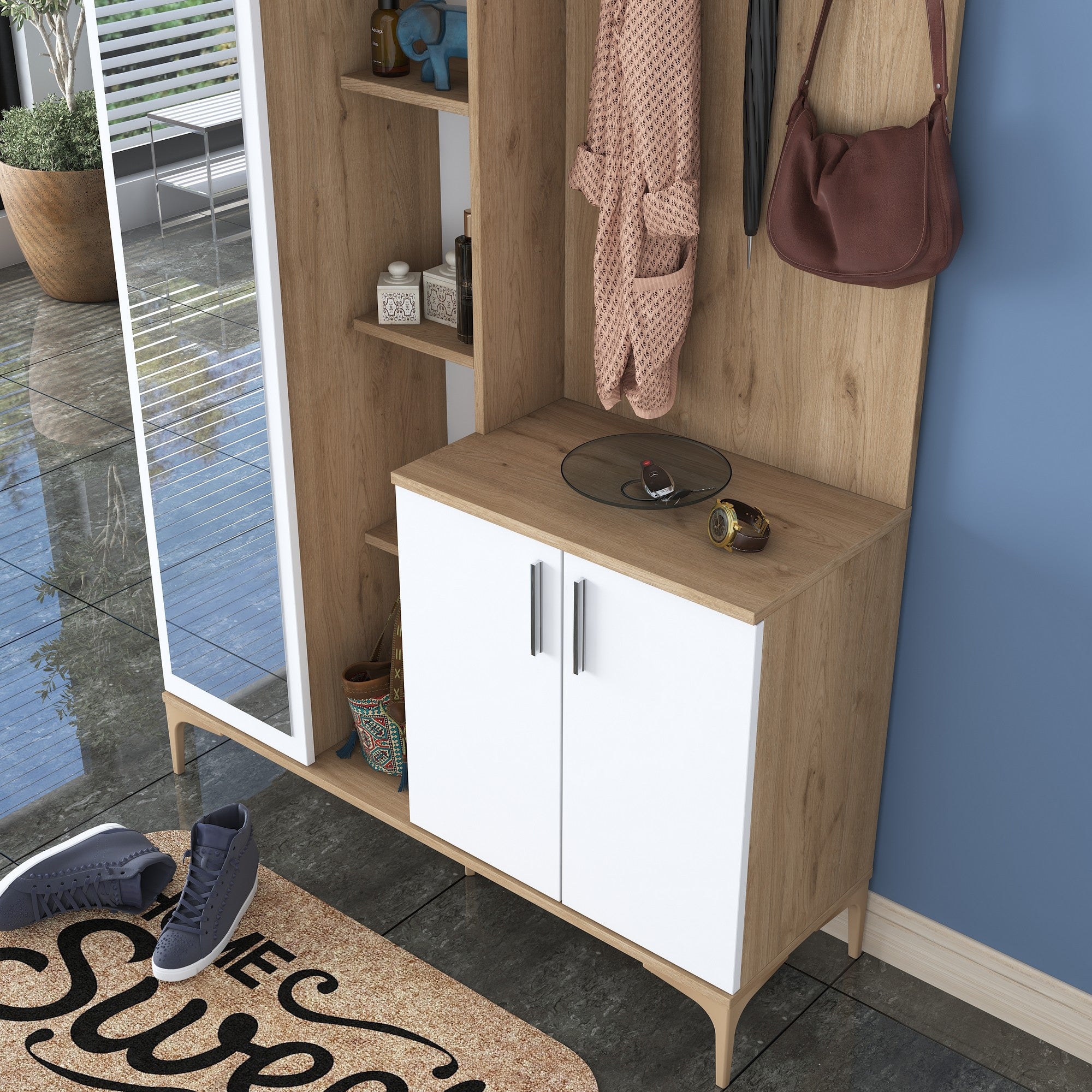 Aparador de hall – 120 x 37,5 x 198,6 cm – nogueira e branco – aglomerado