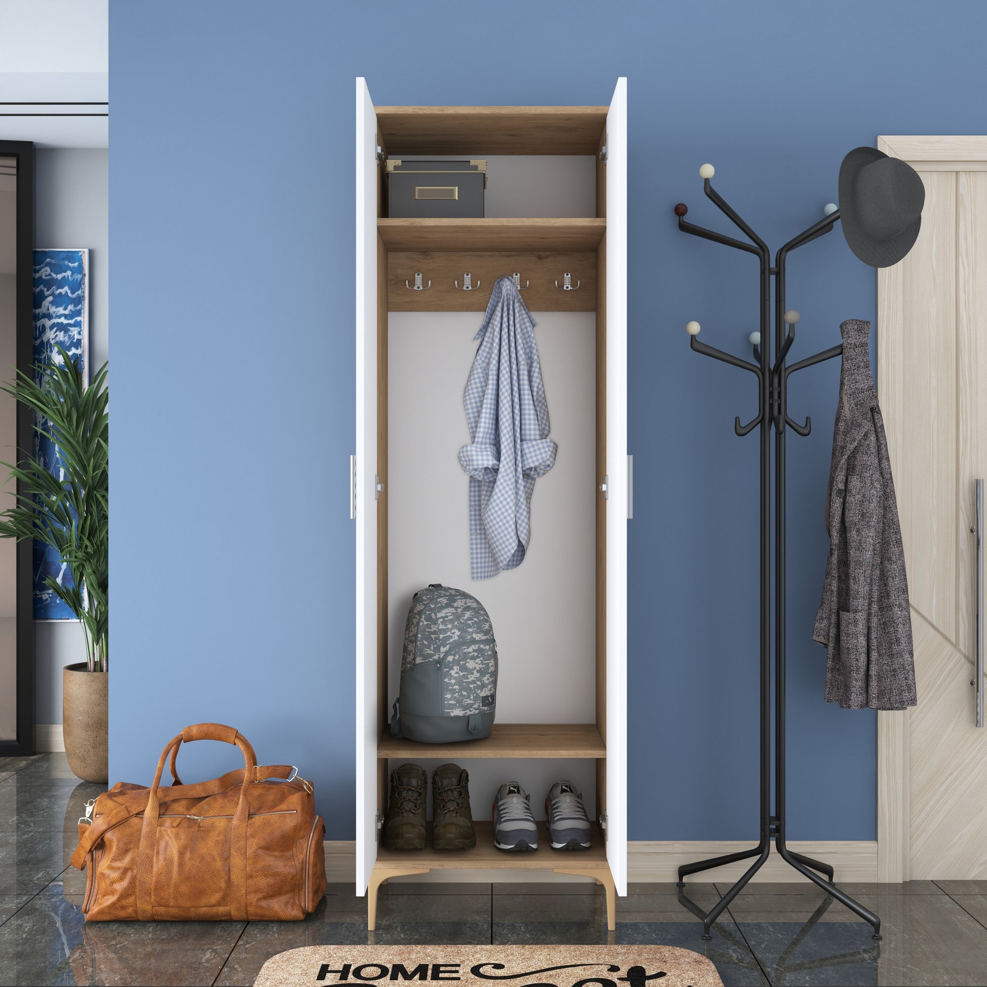 Aparador de hall – 60 x 37,5 x 198,6 cm – Nogueira e Branco – Aglomerado revestido a melamina