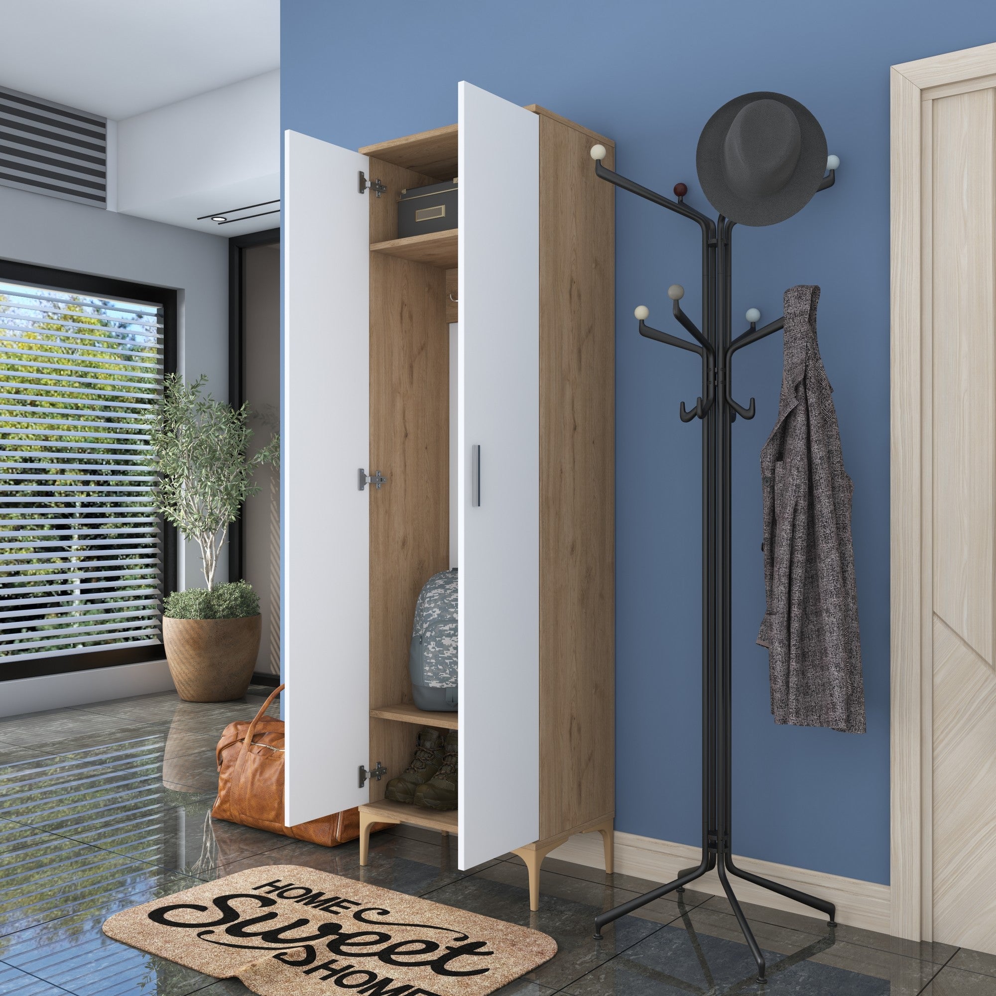 Aparador de hall – 60 x 37,5 x 198,6 cm – Nogueira e Branco – Aglomerado revestido a melamina