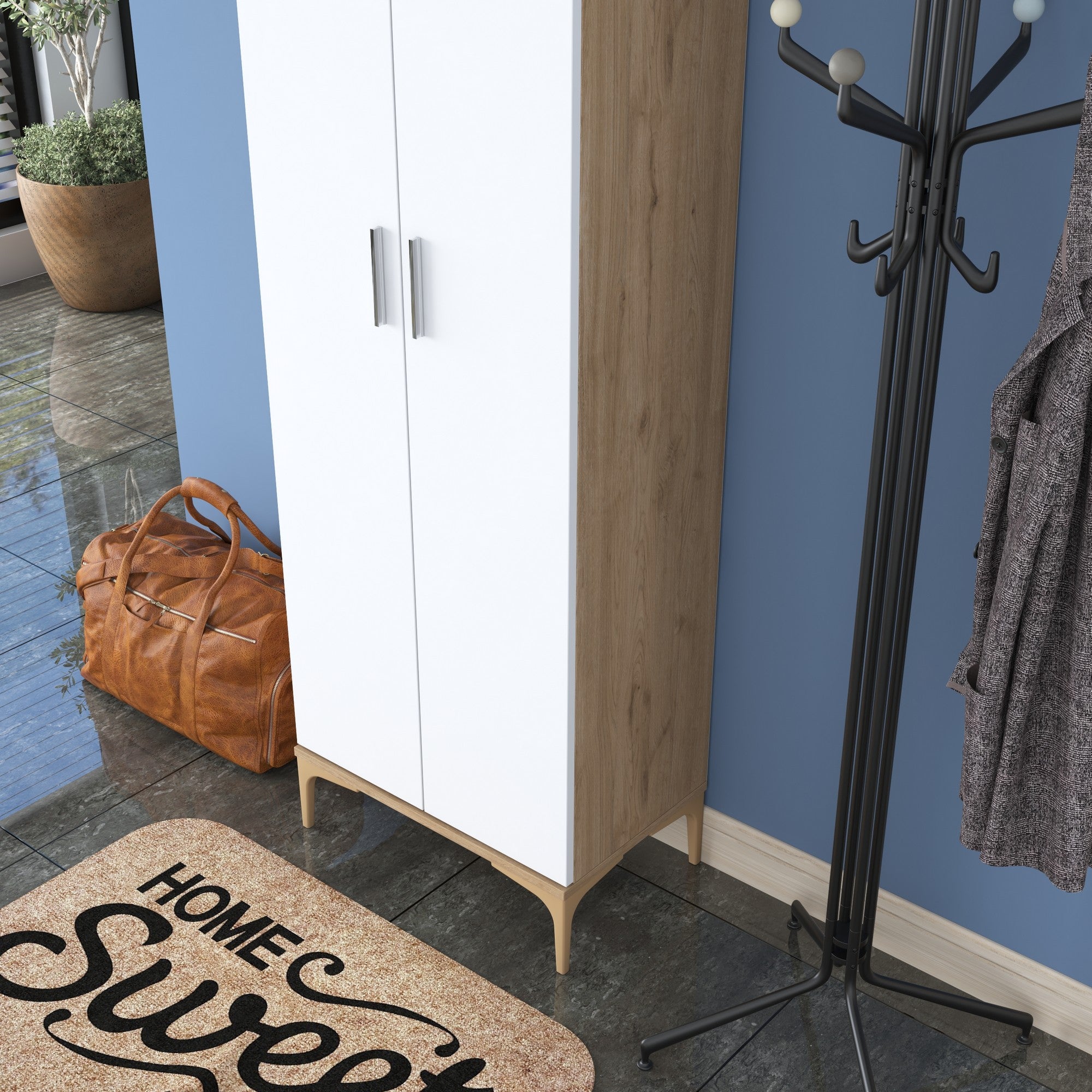 Aparador de hall – 60 x 37,5 x 198,6 cm – Nogueira e Branco – Aglomerado revestido a melamina