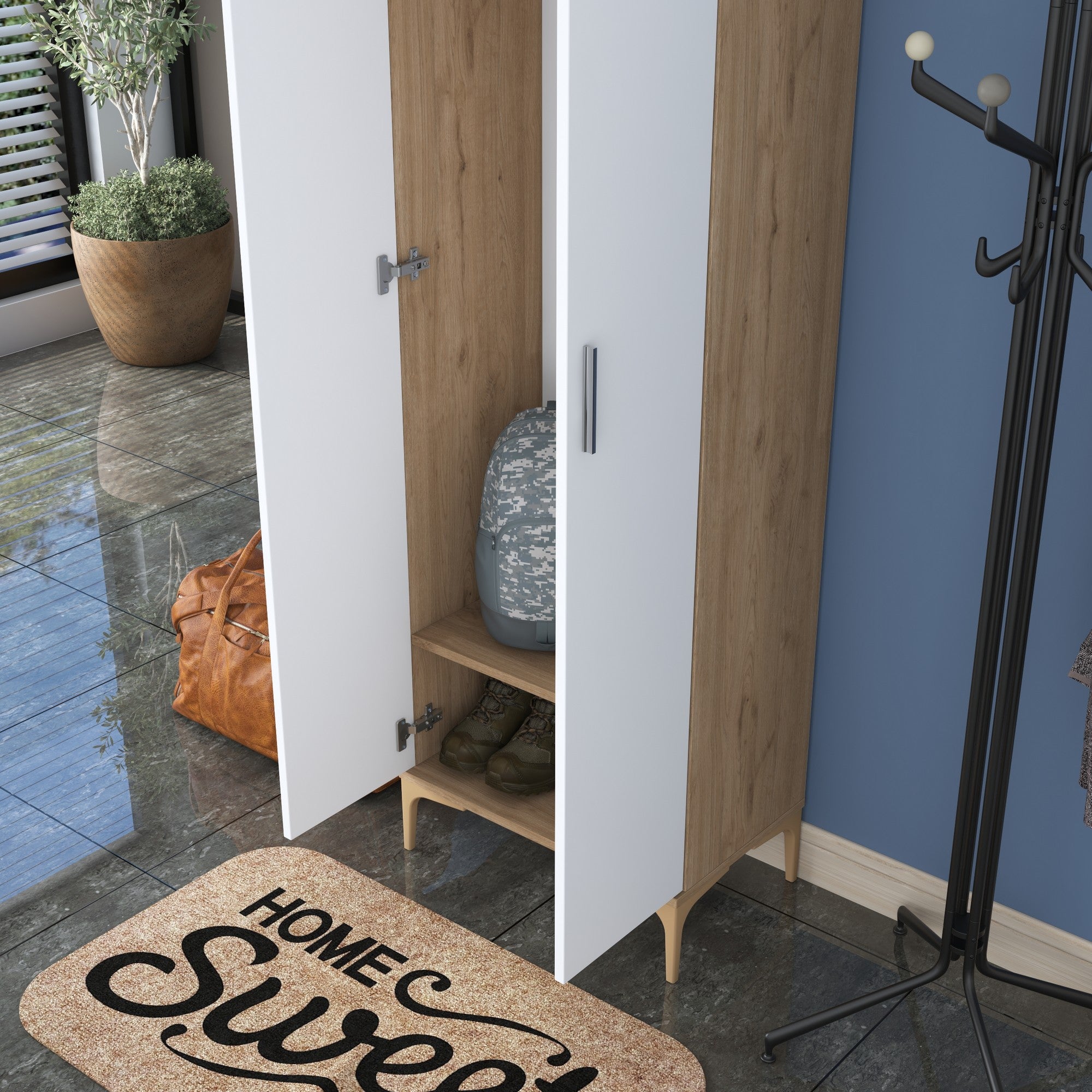 Aparador de hall – 60 x 37,5 x 198,6 cm – Nogueira e Branco – Aglomerado revestido a melamina