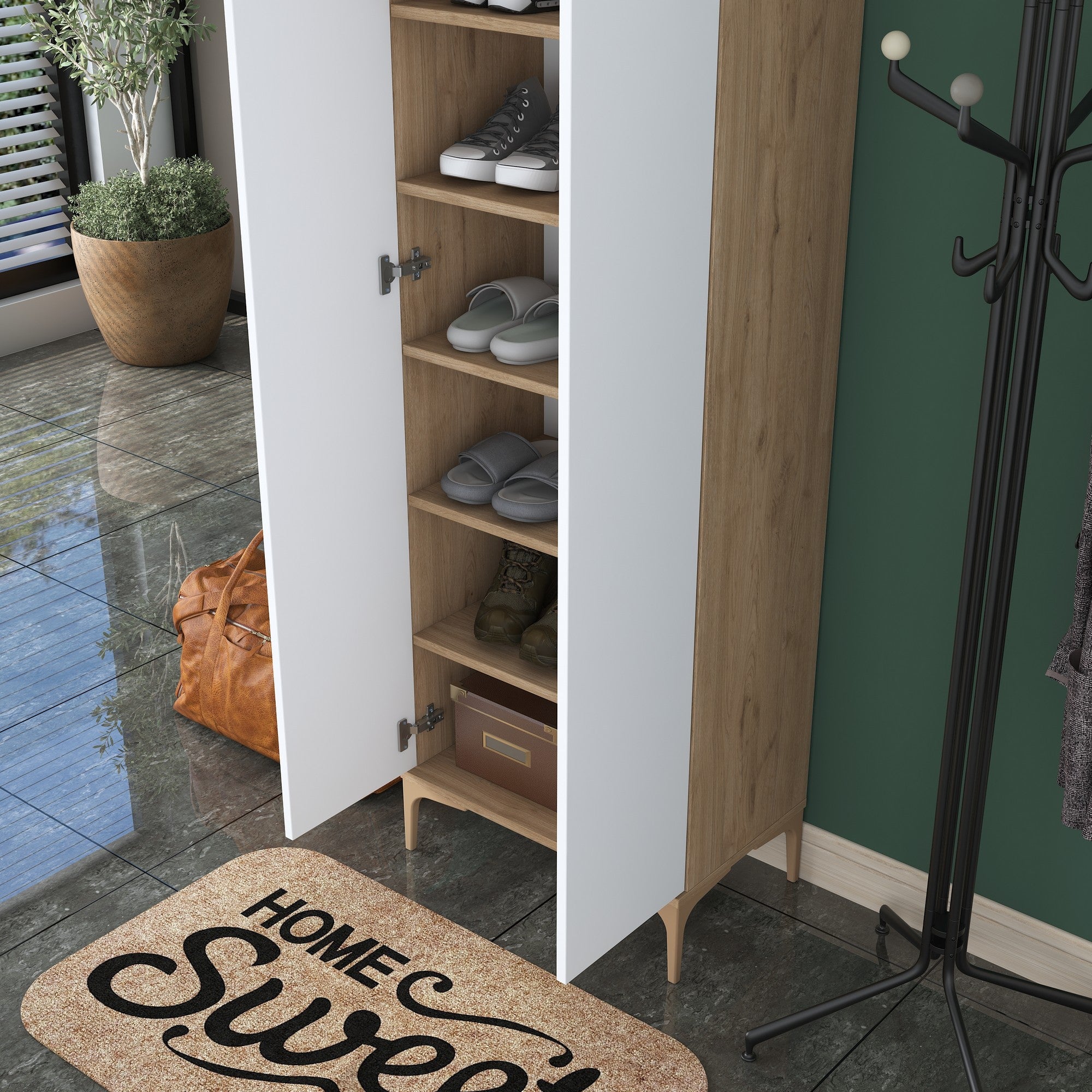 Aparador de hall – 60 x 37,5 x 198,6 cm – nogueira e branco – aglomerado