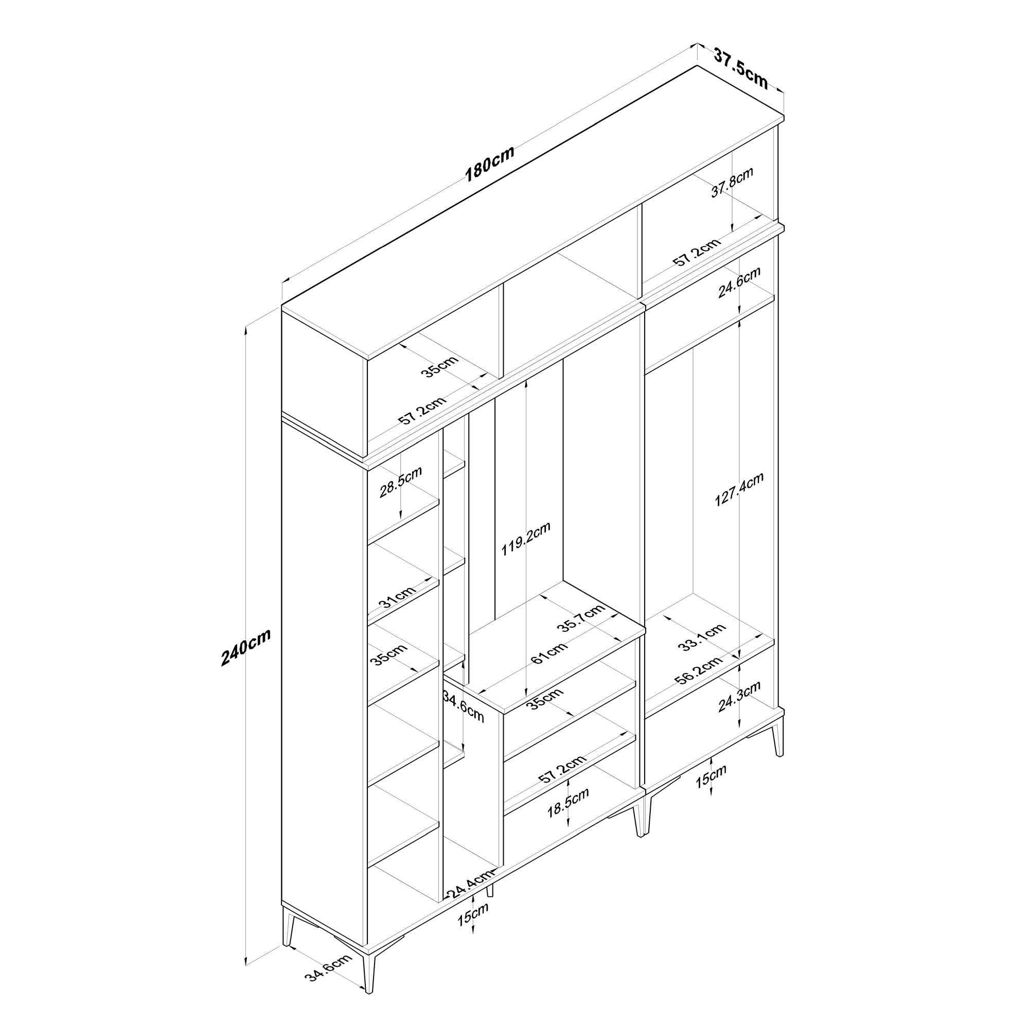 Aparador de hall – 180 x 240 x 37,5 cm – nogueira e branco – aglomerado de partículas