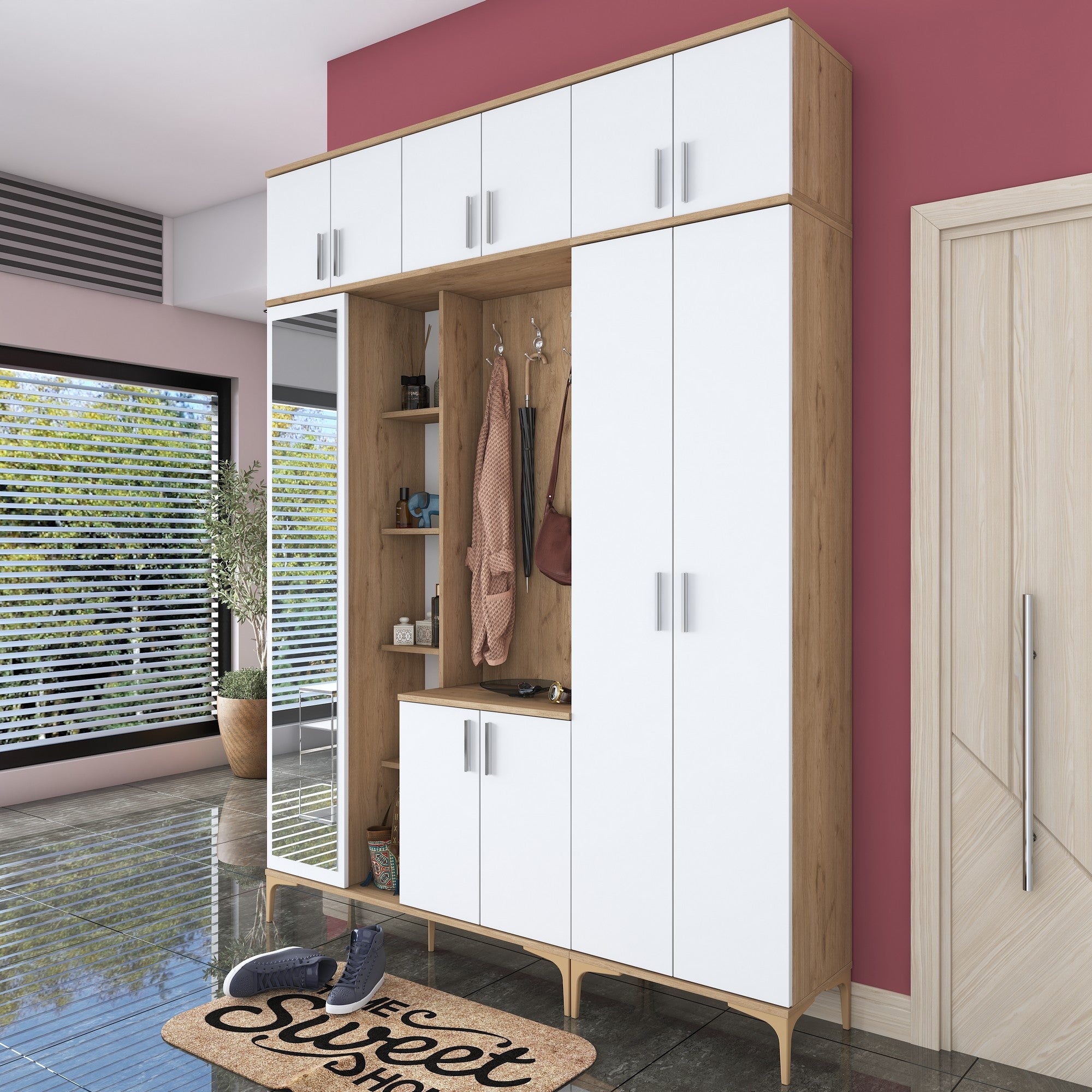 Aparador de hall – 180 x 240 x 37,5 cm – nogueira e branco – aglomerado de partículas