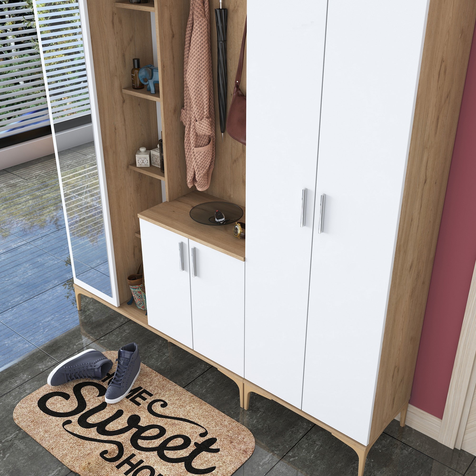 Aparador de hall – 180 x 240 x 37,5 cm – nogueira e branco – aglomerado de partículas