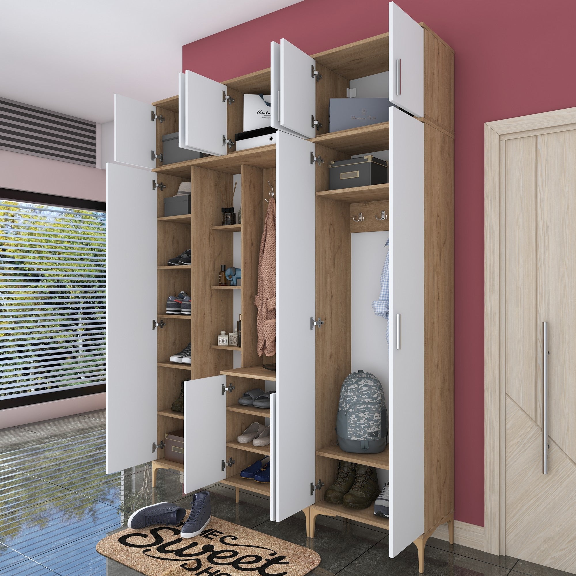 Aparador de hall – 180 x 240 x 37,5 cm – nogueira e branco – aglomerado de partículas