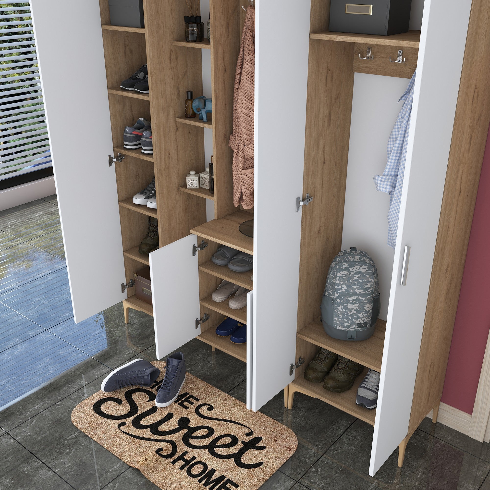 Aparador de hall – 180 x 240 x 37,5 cm – nogueira e branco – aglomerado de partículas