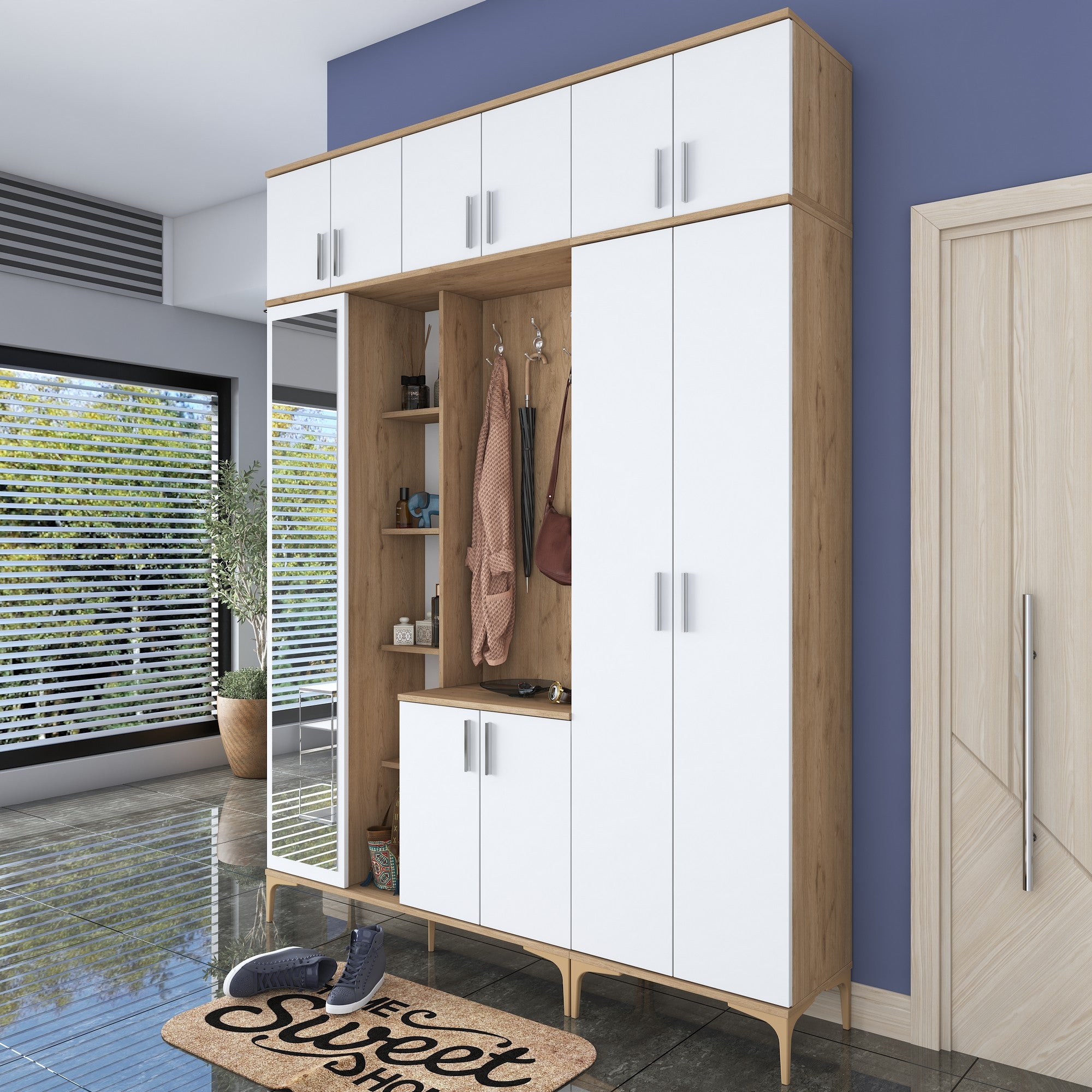 Aparador de hall – 180 x 240 x 37,5 cm – nogueira e branco – aglomerado de partículas