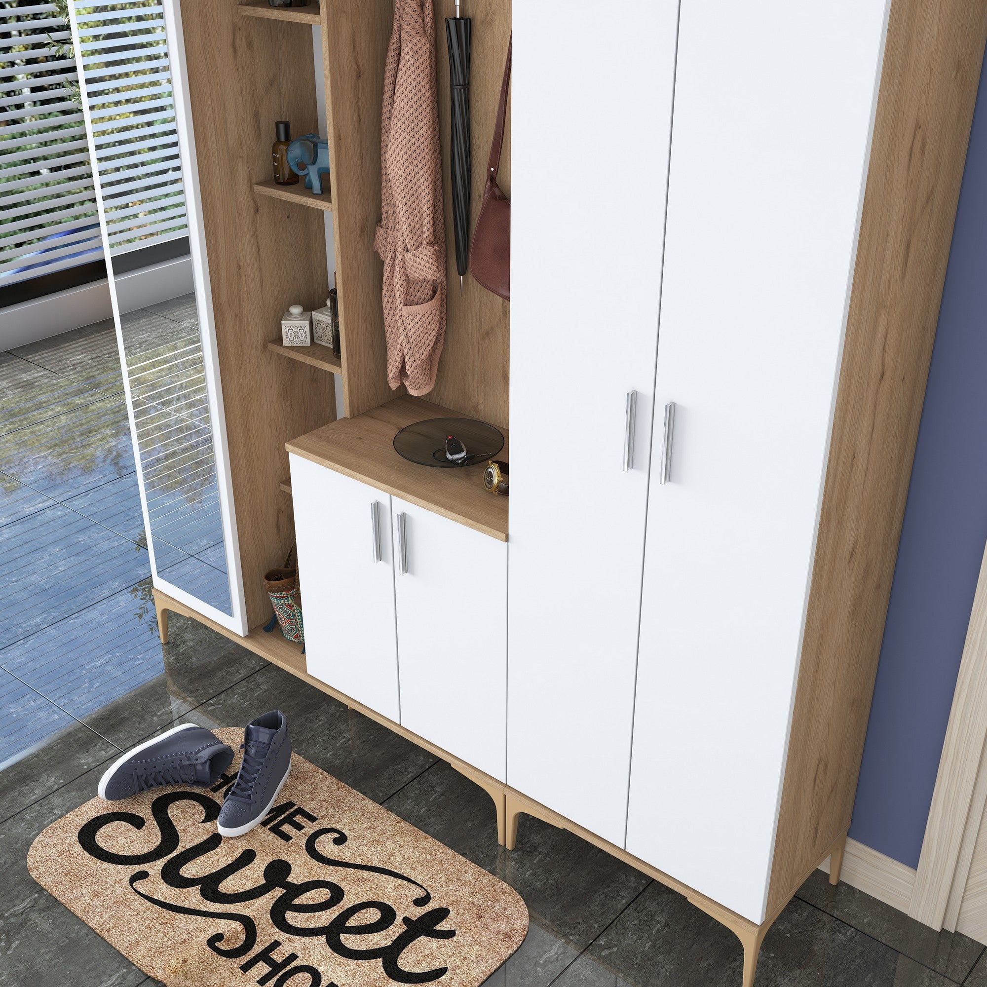 Aparador de hall – 180 x 240 x 37,5 cm – nogueira e branco – aglomerado de partículas