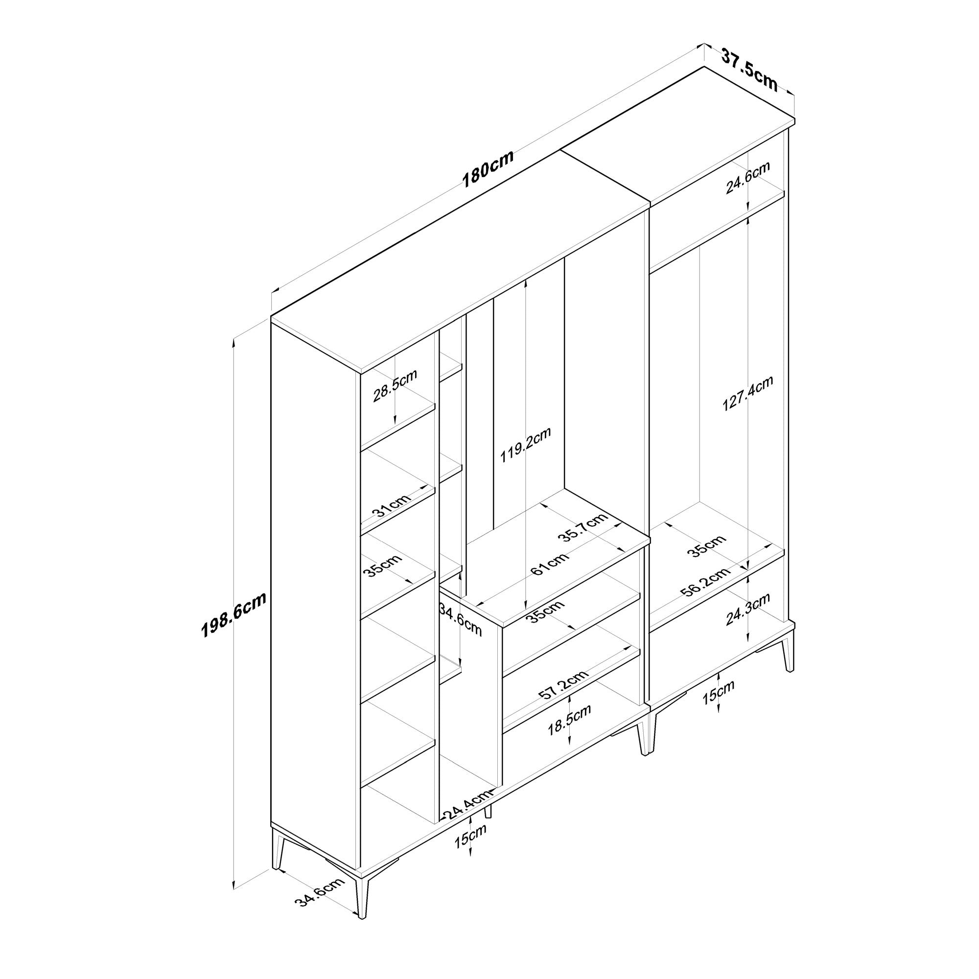 Aparador de hall – 180 x 198,6 x 37,5 cm – Nogueira e branco – Aglomerado