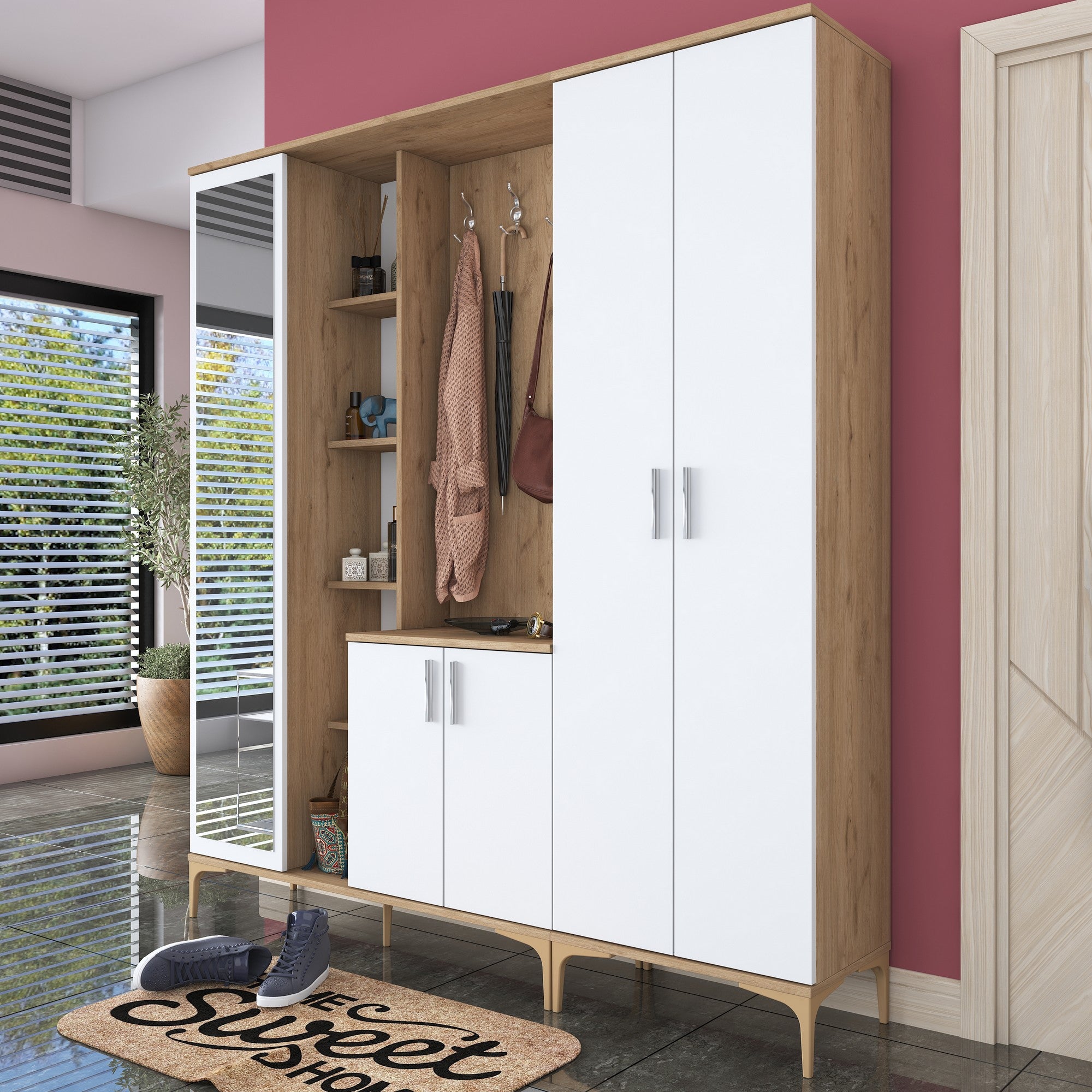 Aparador de hall – 180 x 198,6 x 37,5 cm – Nogueira e branco – Aglomerado