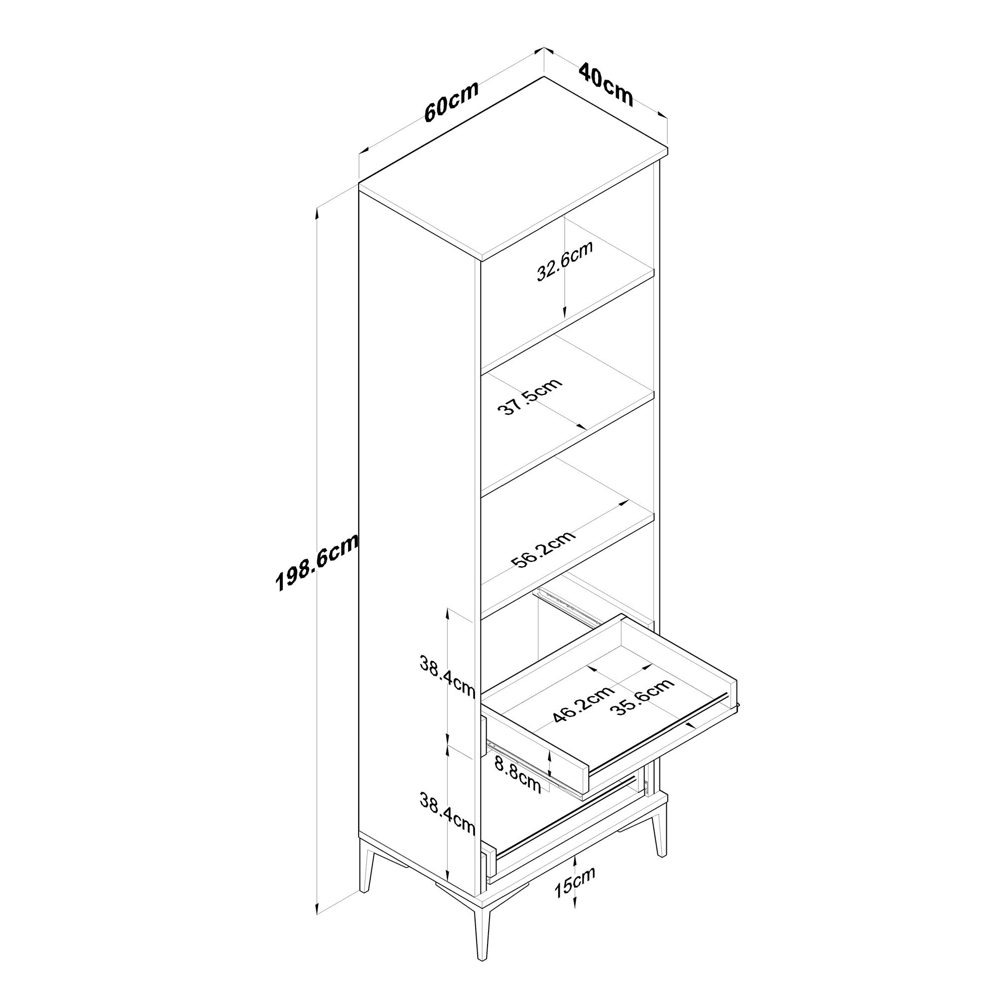 Armário multifuncional – 60 x 40 x 198,6 cm – Branco – Aglomerado de qualidade E1 revestido com melamina