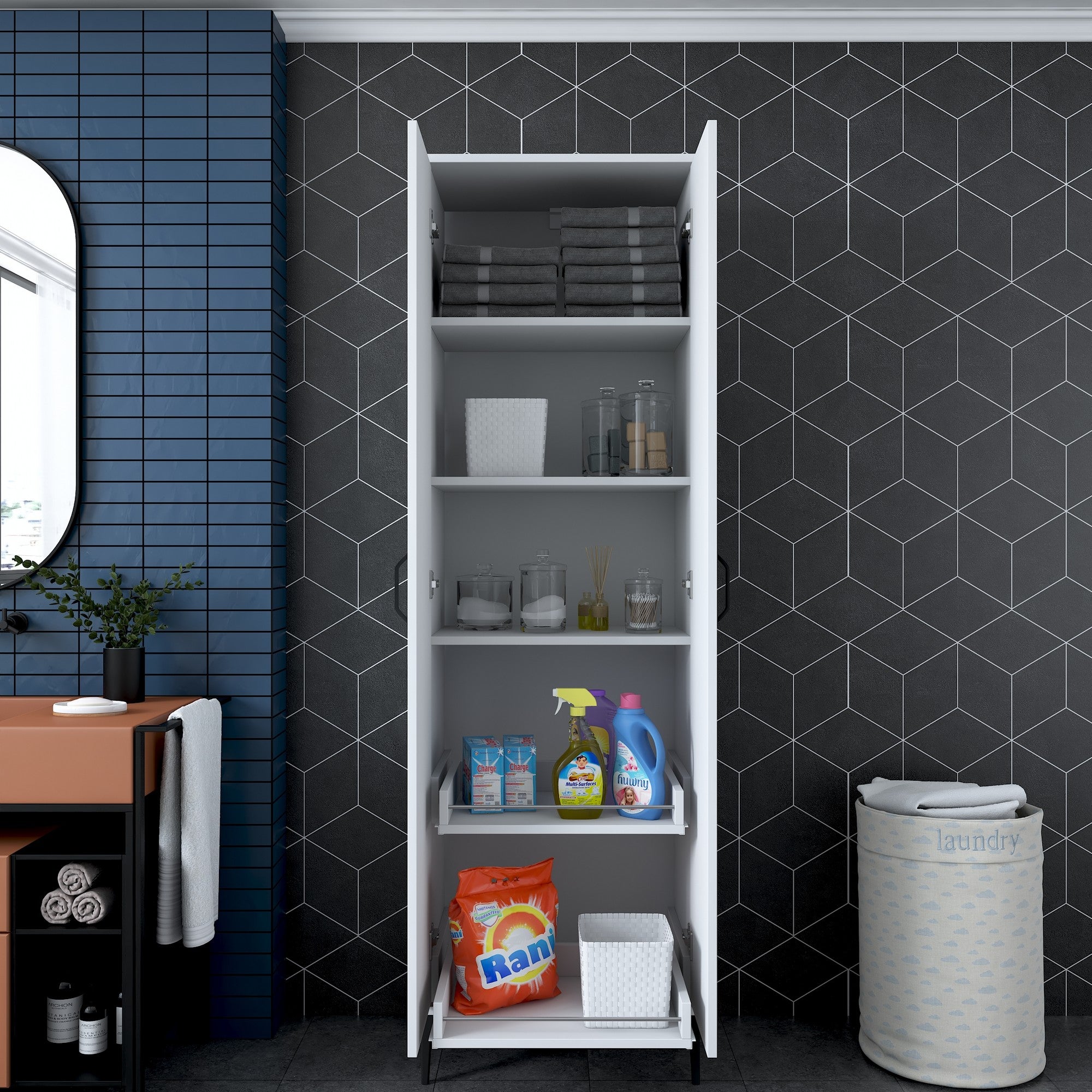 Armário multifuncional – 60 x 40 x 198,6 cm – Branco – Aglomerado de qualidade E1 revestido com melamina