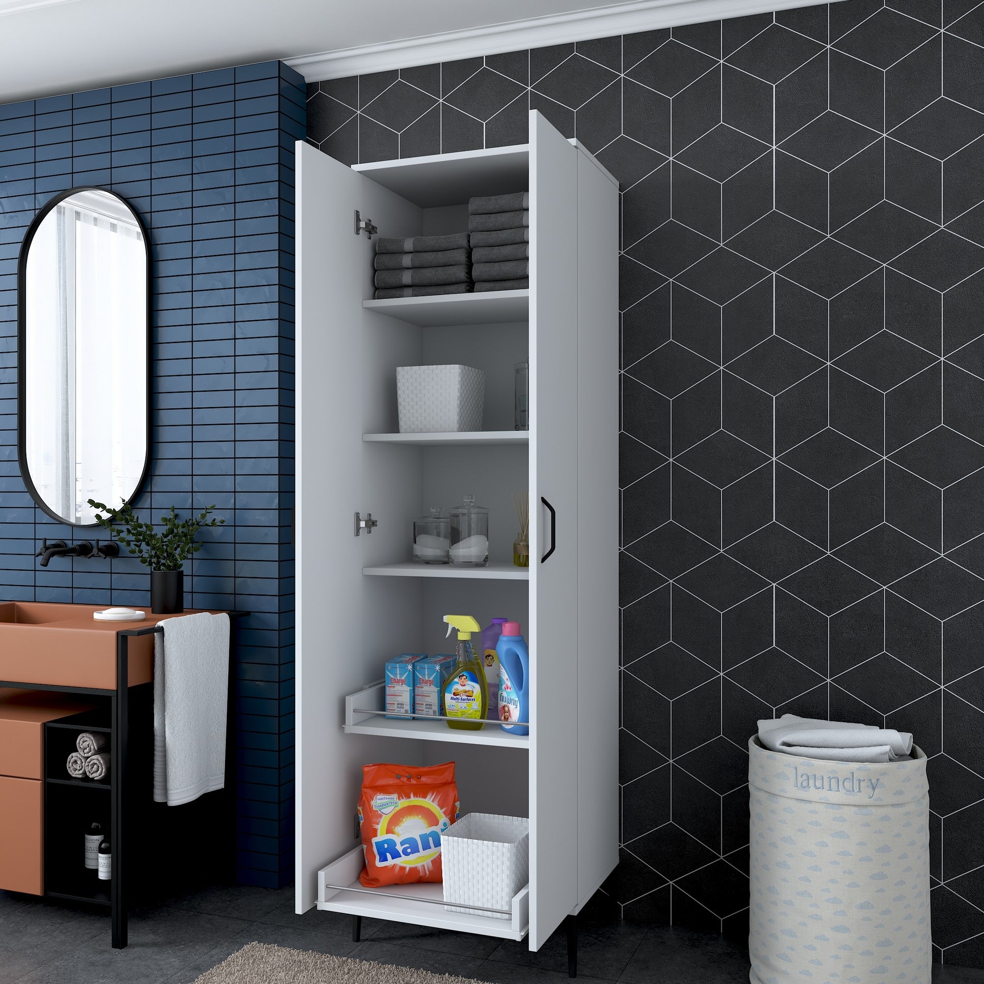 Armário multifuncional – 60 x 40 x 198,6 cm – Branco – Aglomerado de qualidade E1 revestido com melamina