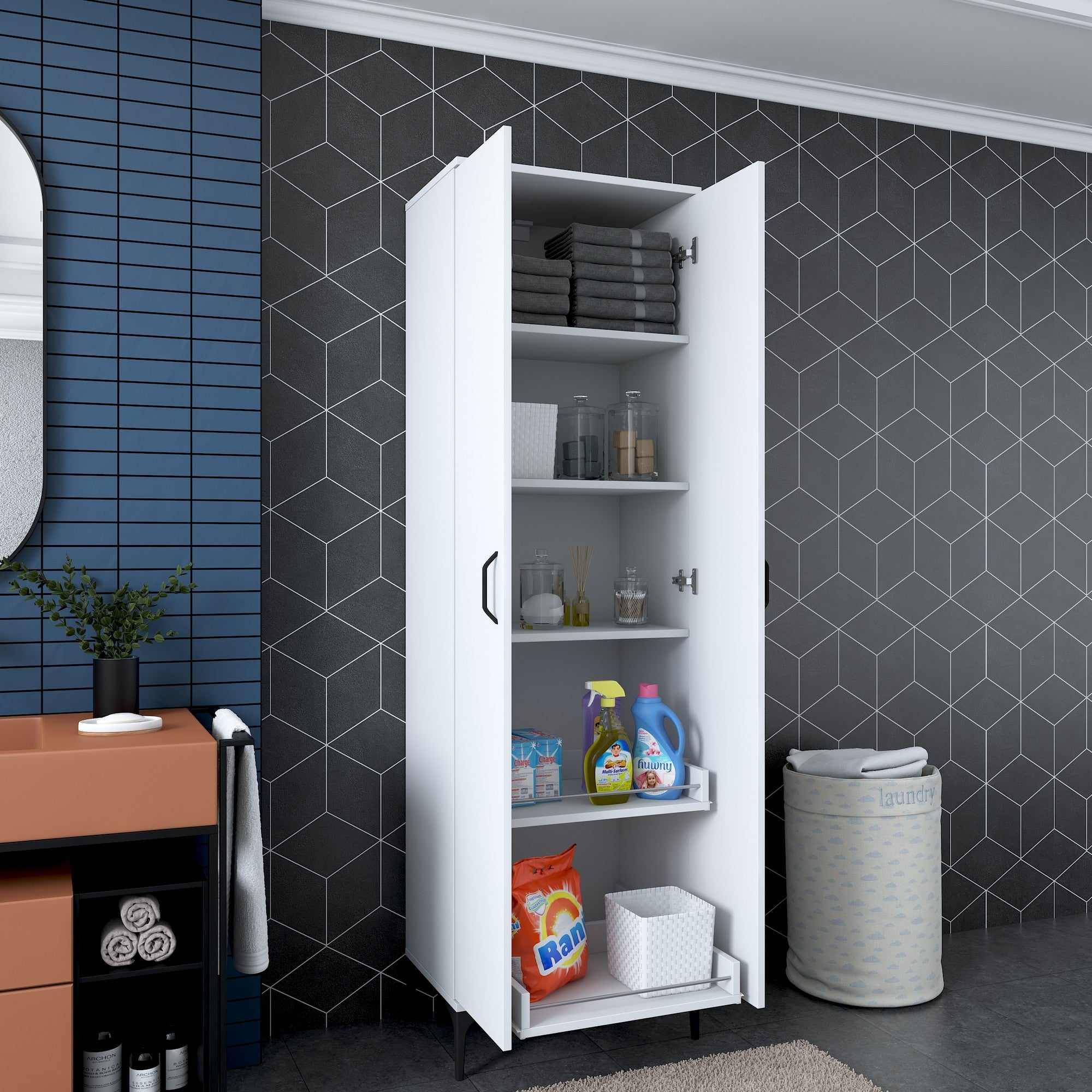 Armário multifuncional – 60 x 40 x 198,6 cm – Branco – Aglomerado de qualidade E1 revestido com melamina