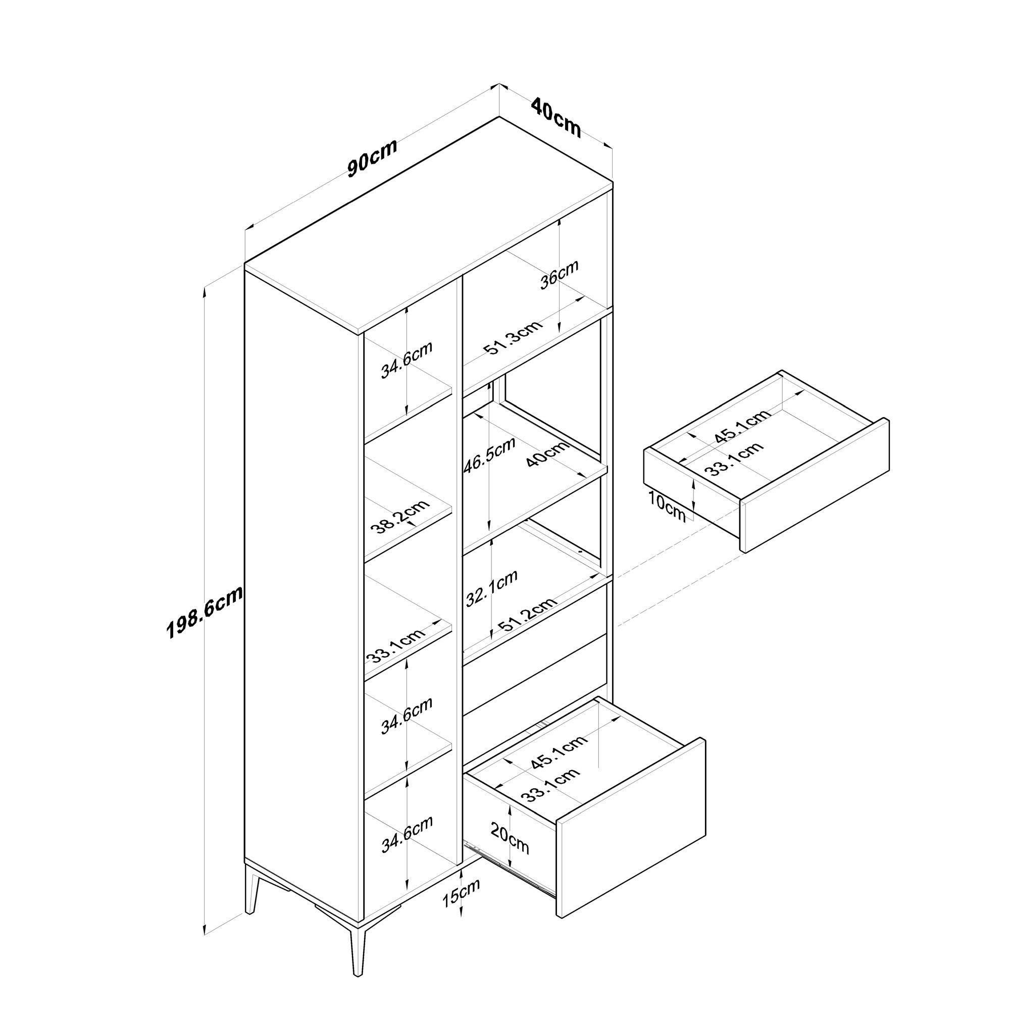 Armário multifuncional – 90 x 40 x 198,6 cm – Branco – Aglomerado de qualidade E1 revestido com melamina